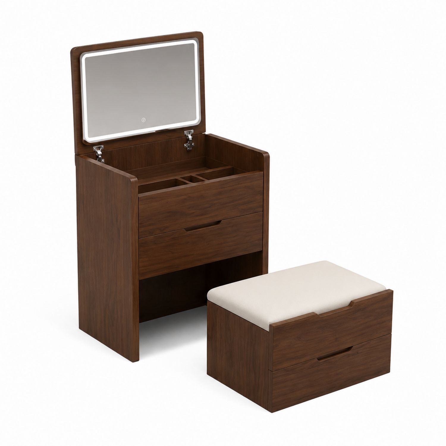 Tocador de Madera de Nogal con Espejo y Taburete Tapizado Beige
