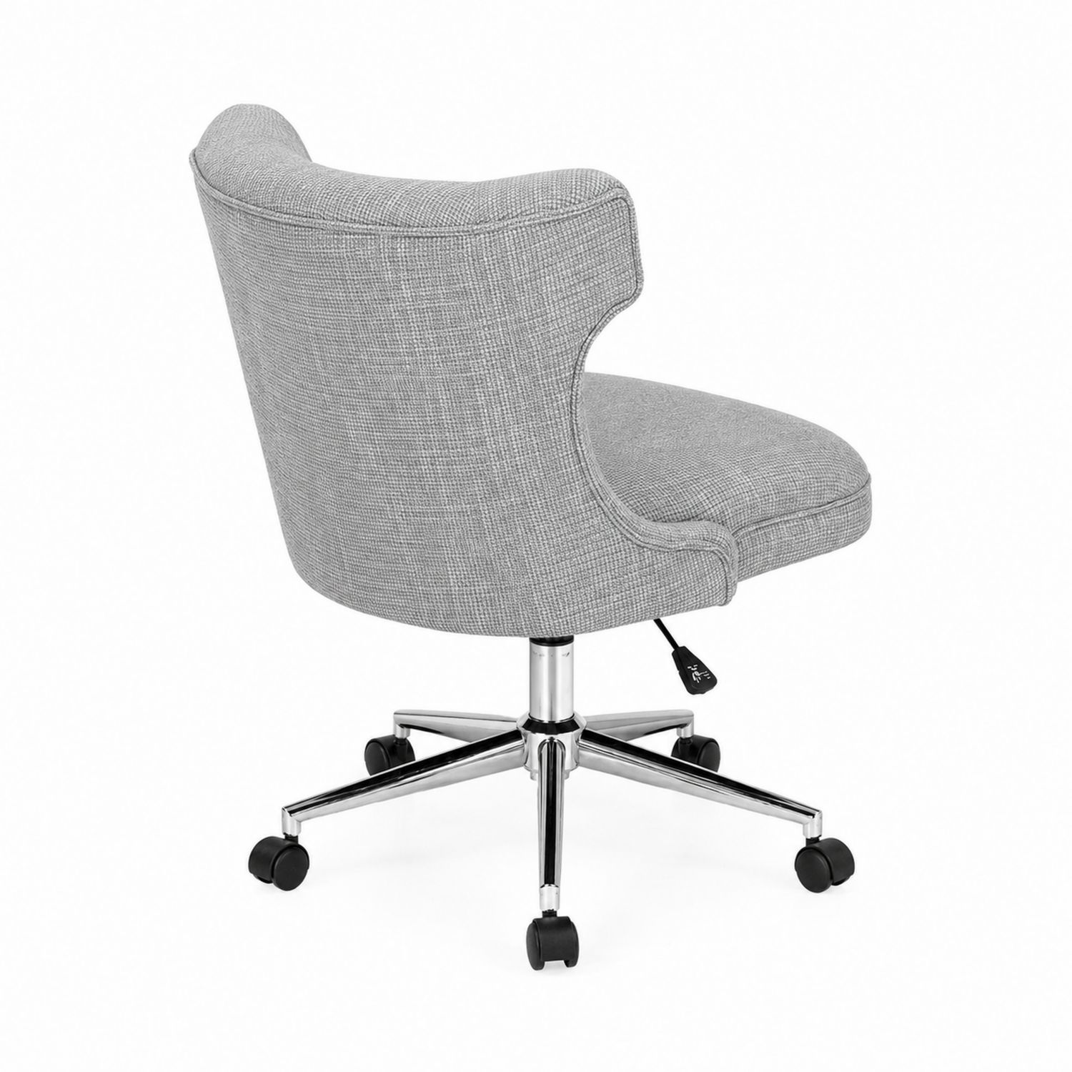 Silla giratoria de tela gris con base de metal cromado