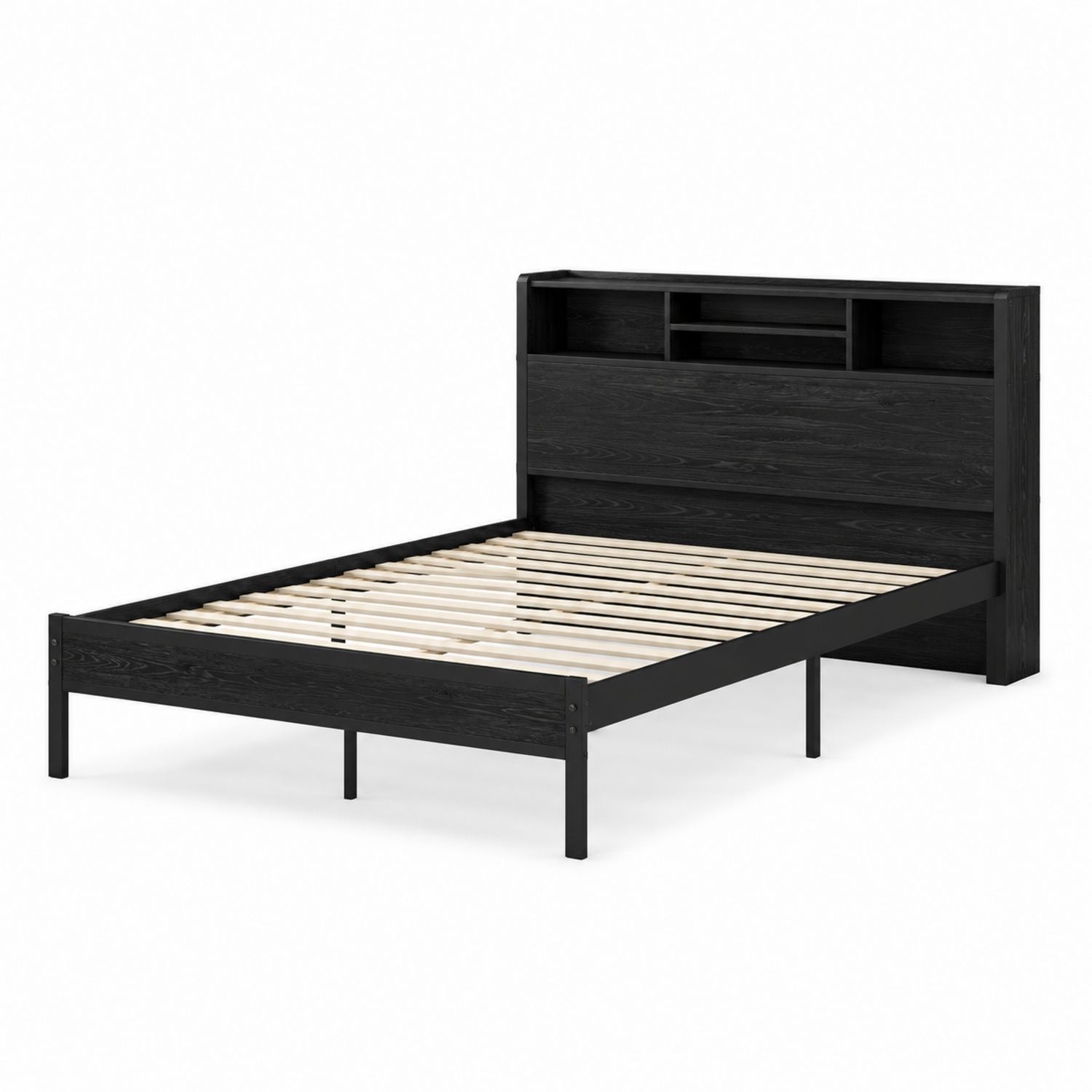 Cama individual de madera con cabecera de almacenamiento negro