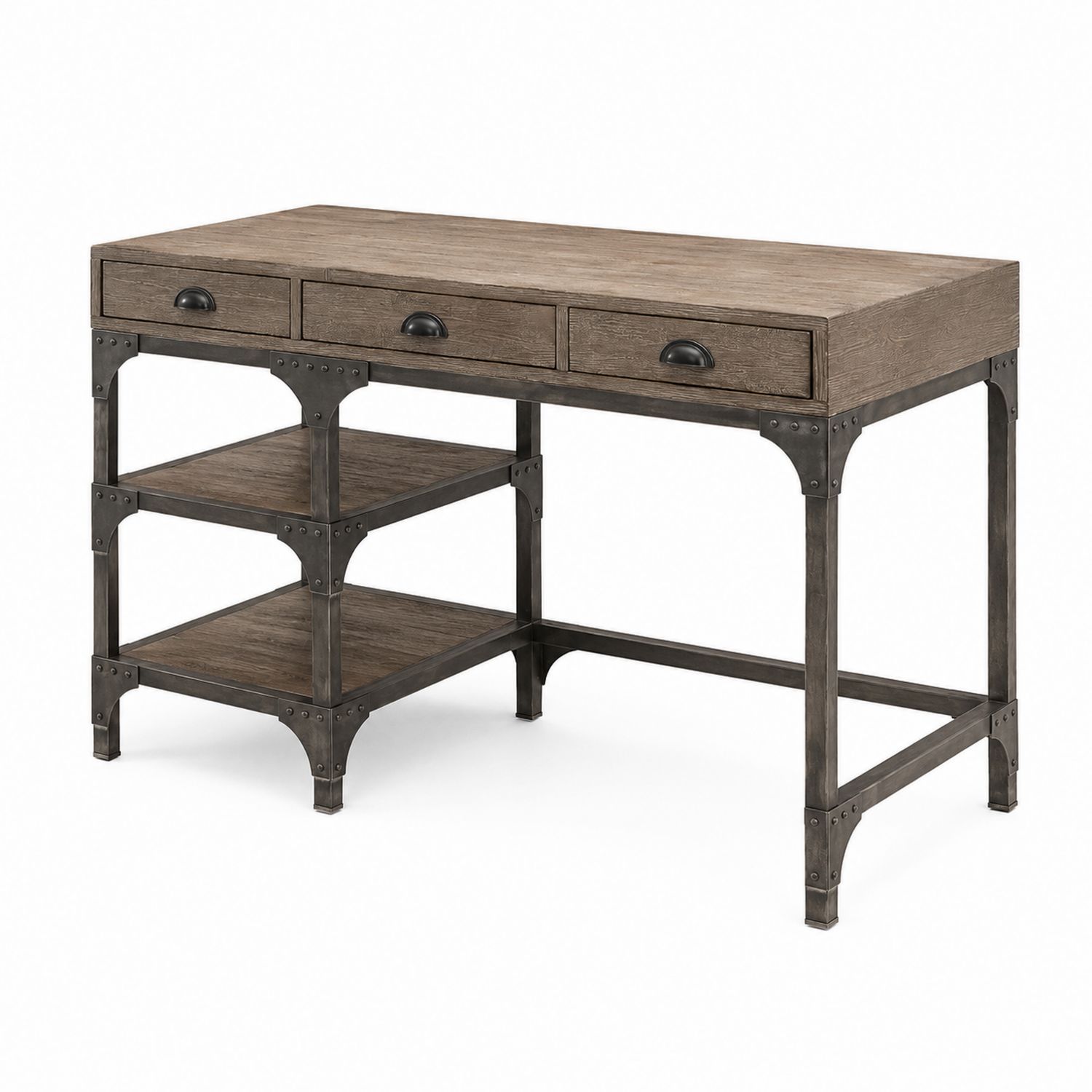 Escritorio industrial de madera y metal con cajones y estantes