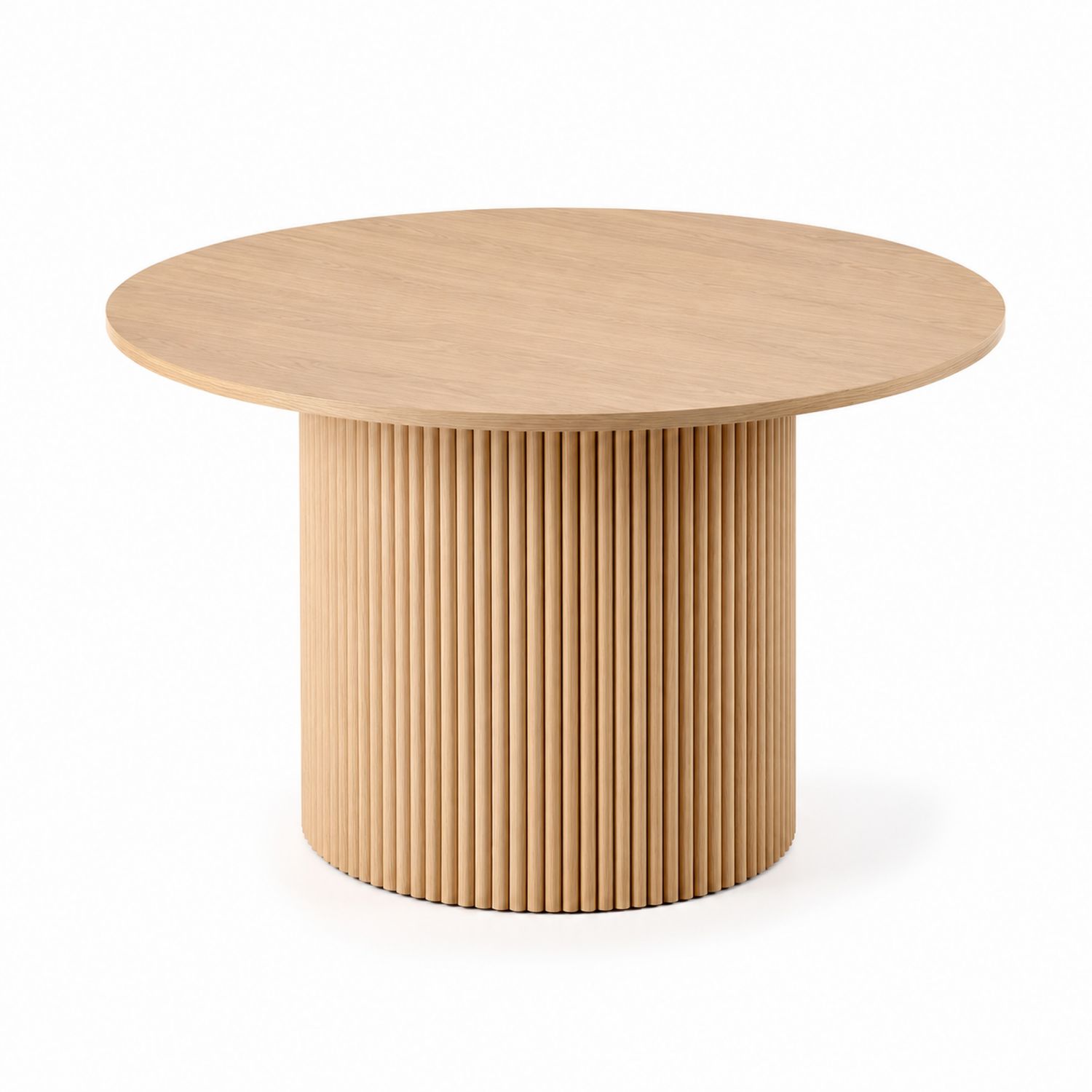 Mesa de comedor circular de madera de roble con base cilíndrica estriada de 120 cm