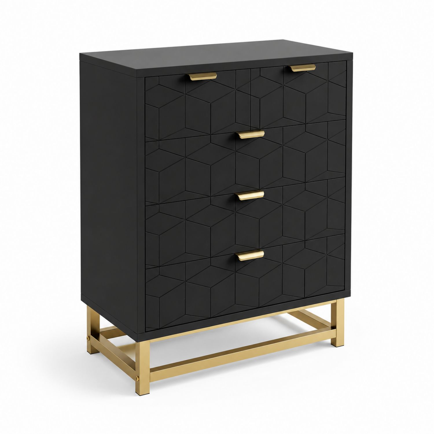 Cómoda de MDF Negro con Base de Metal Dorado y 4 Cajones