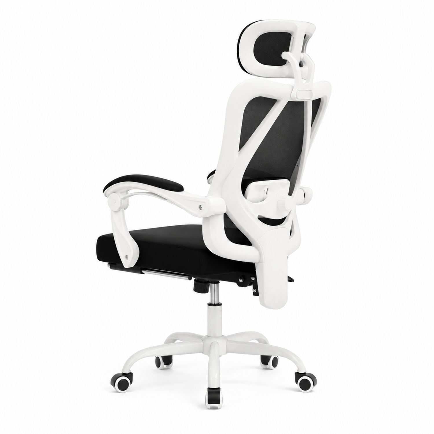 Silla de oficina ergonómica con malla y brazos abatibles, Negro/Blanco