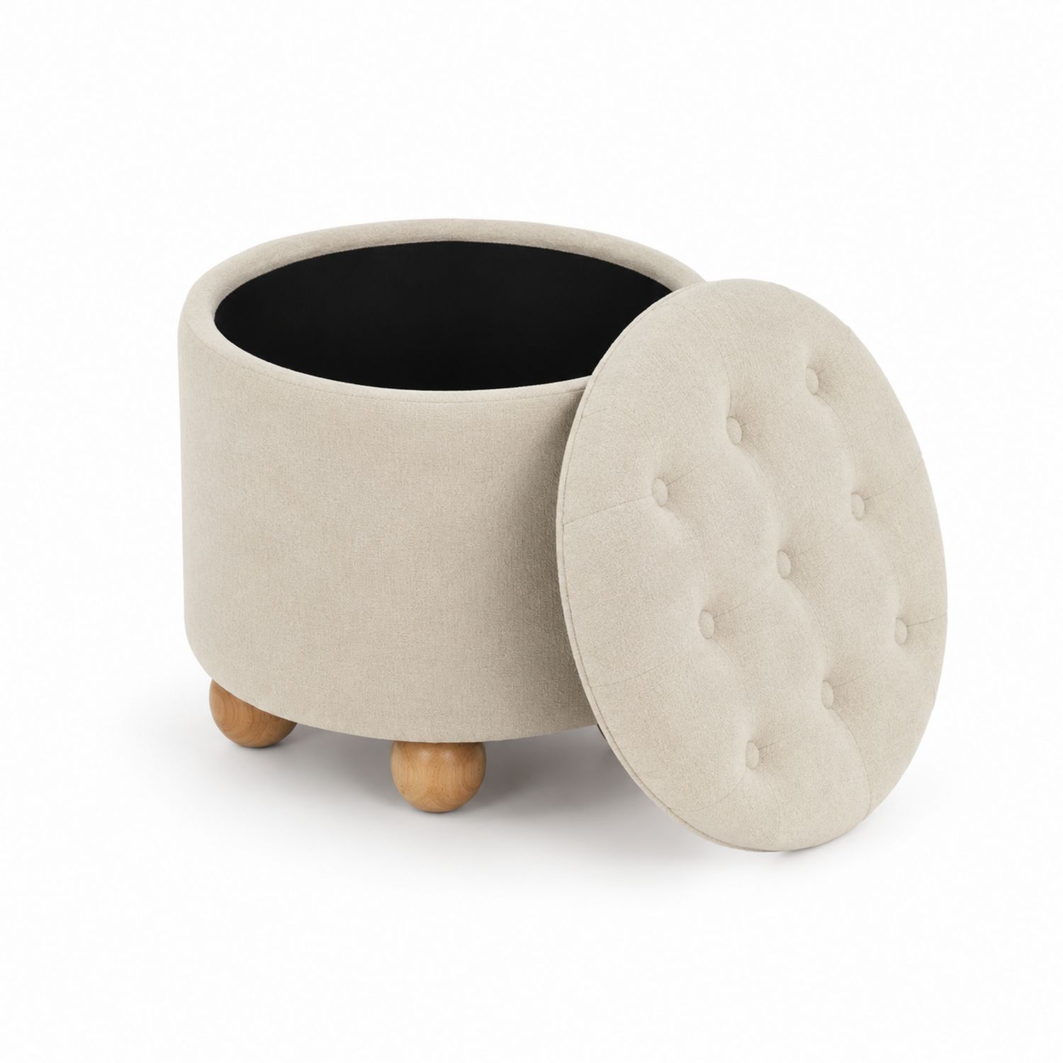 Puf de tela beige con patas de madera y almacenamiento