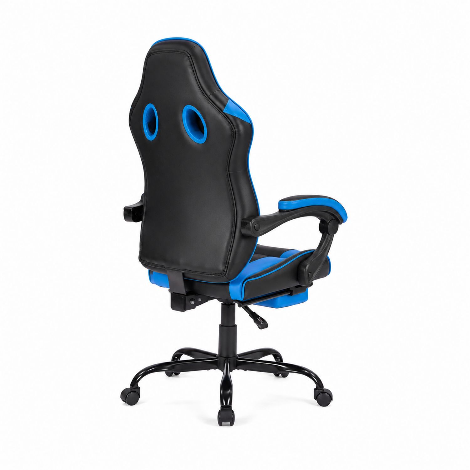 Silla ergonómica de cuero sintético negro y azul con base metálica giratoria