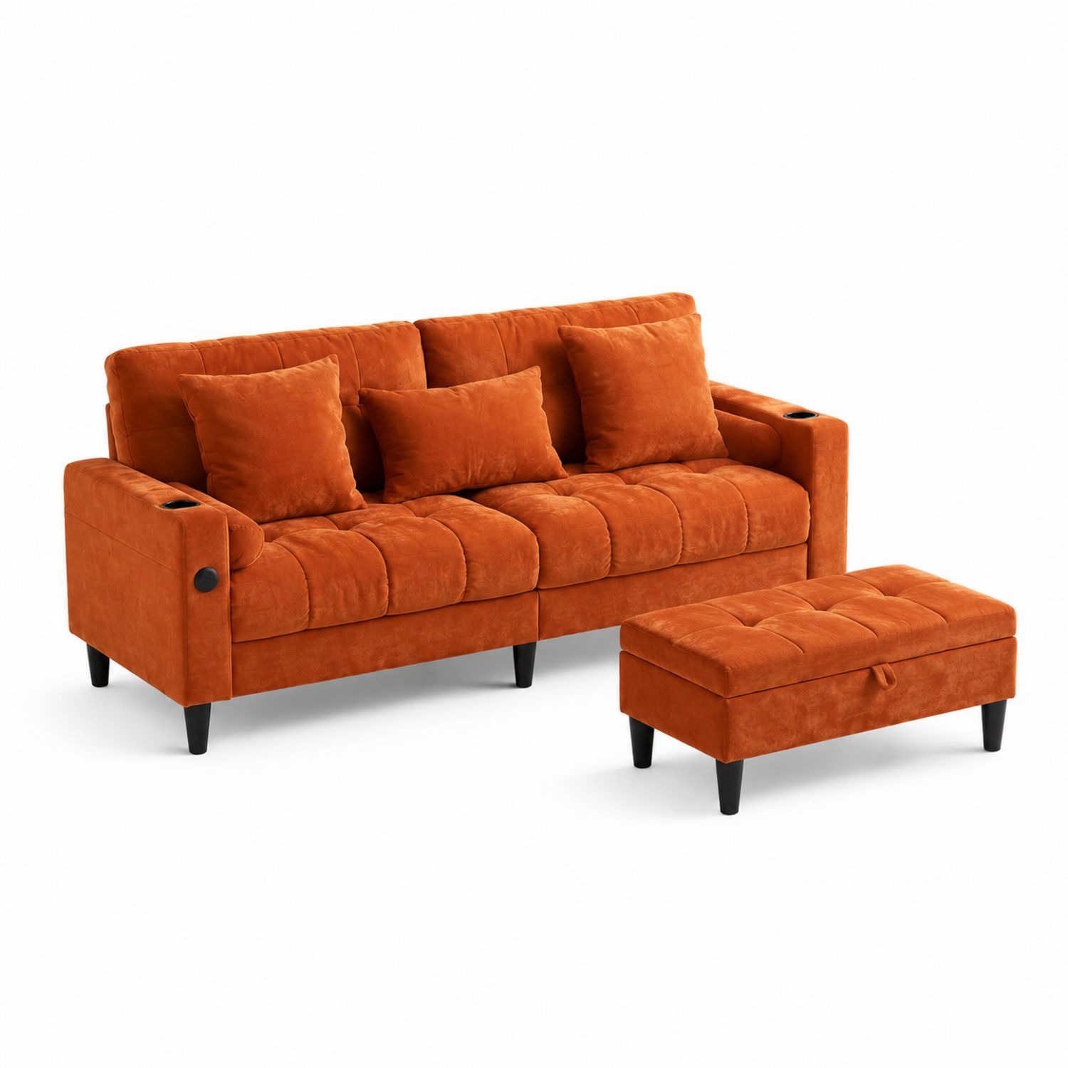 Sofá 3 plazas con reposapiés, terciopelo naranja, 210 cm