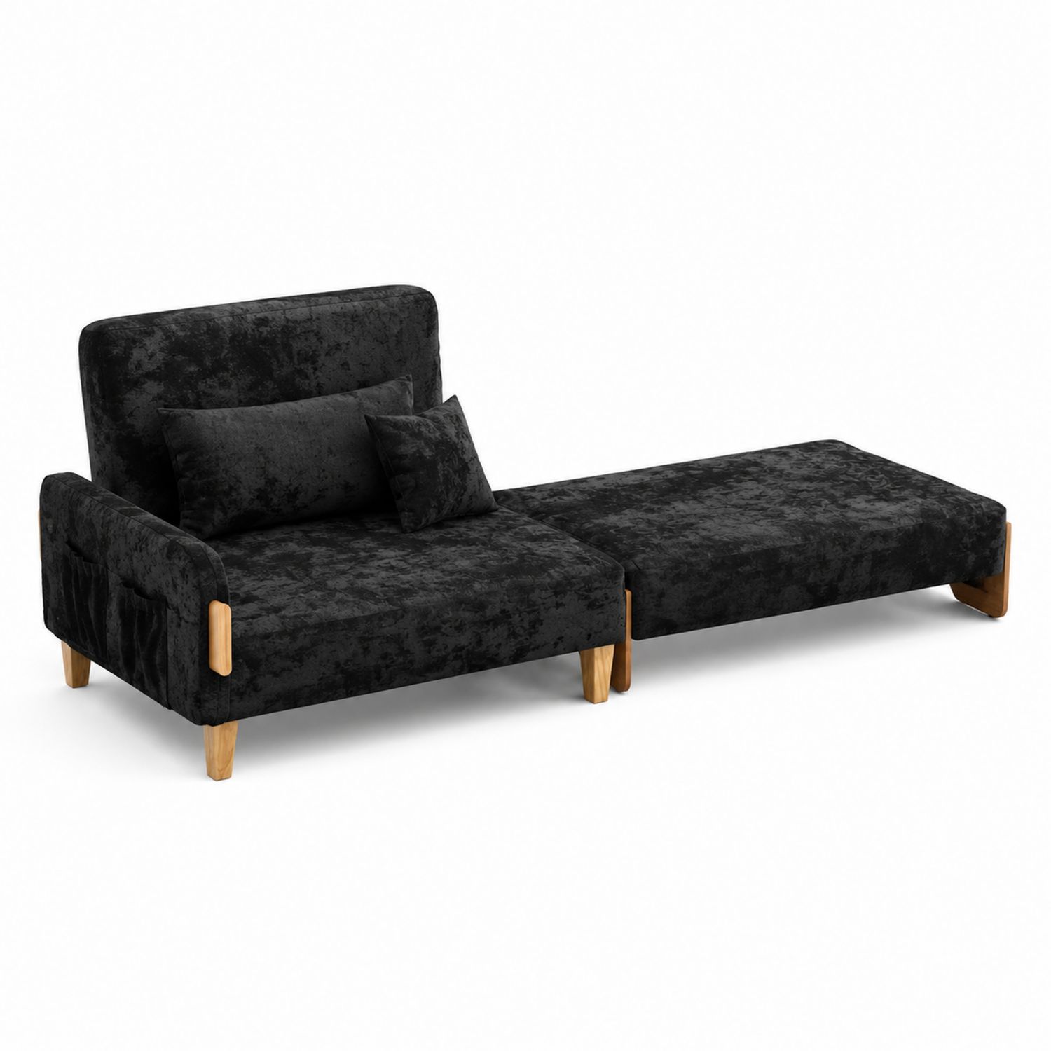 Sofá cama de terciopelo negro con patas de madera