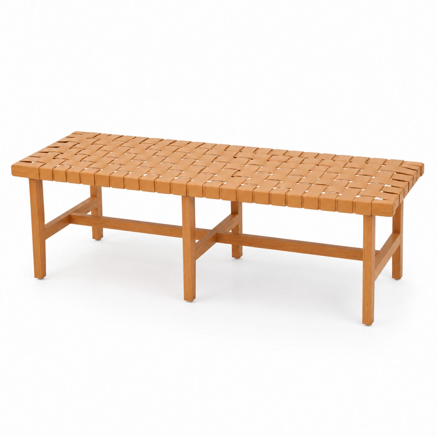 Banco de madera con asiento tejido de cuero sintético 120x40x45 cm Marrón