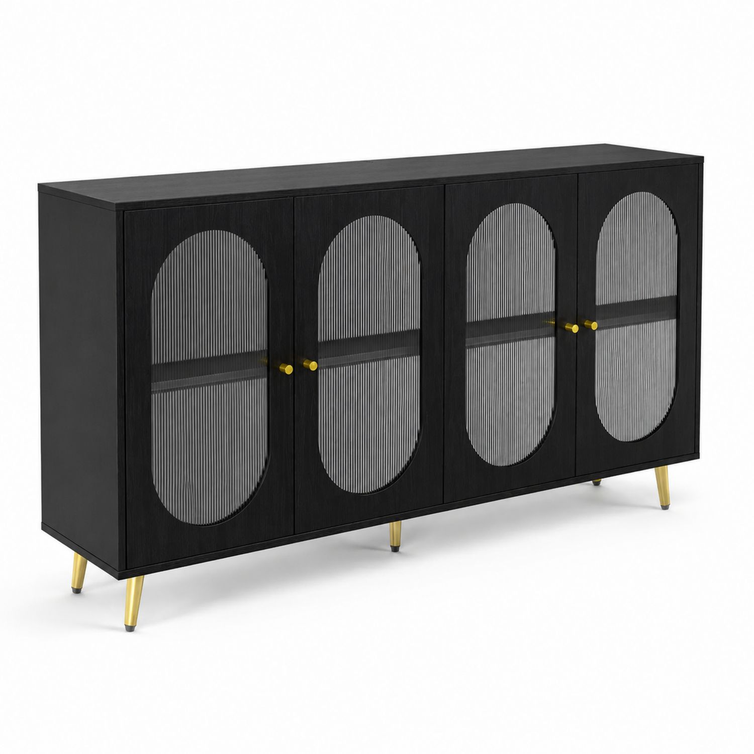 Aparador buffet con puertas de vidrio corrugado, 160x40x75 cm, madera negra y patas metálicas doradas