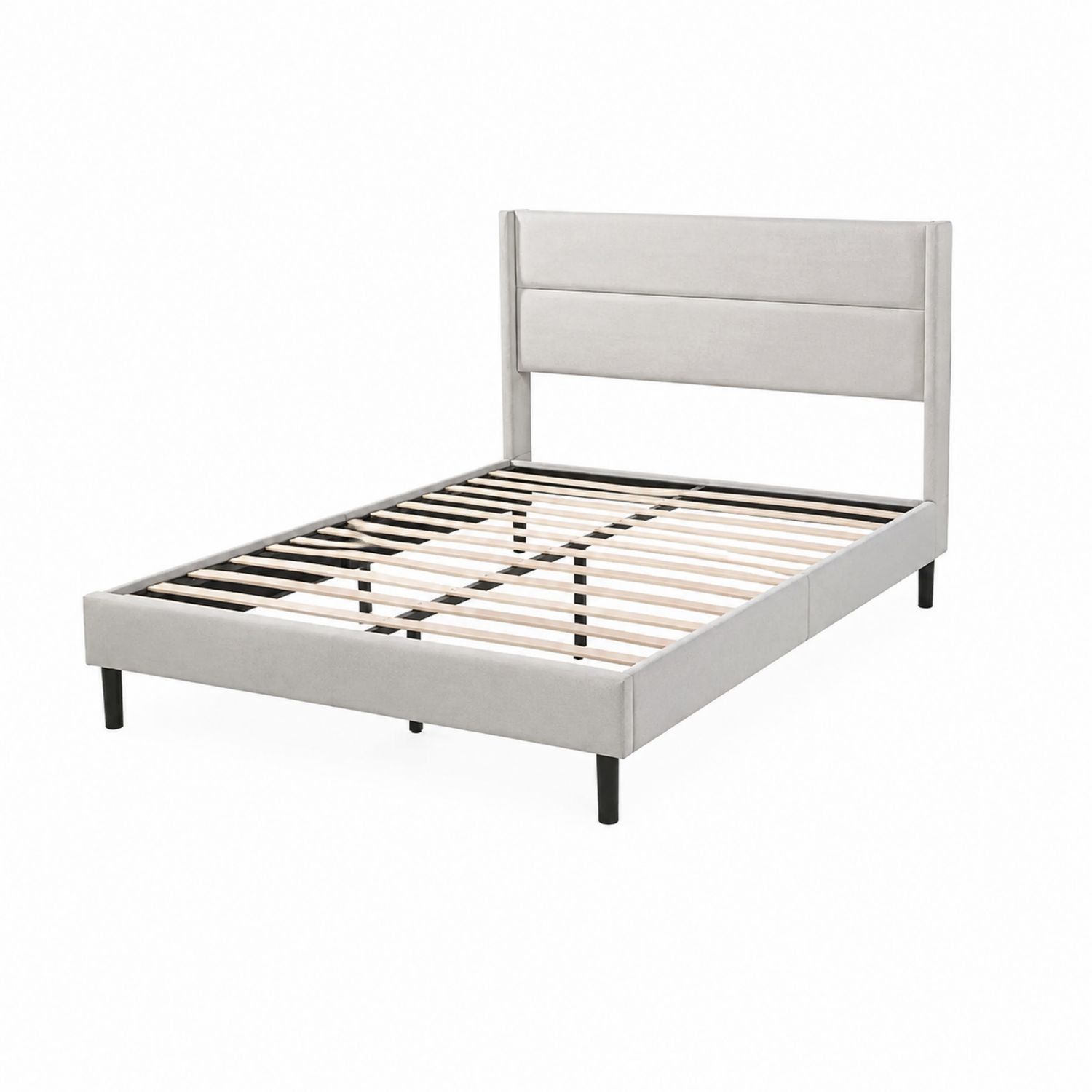 Cama de plataforma de madera y metal con cabecero tapizado, 200x150 cm