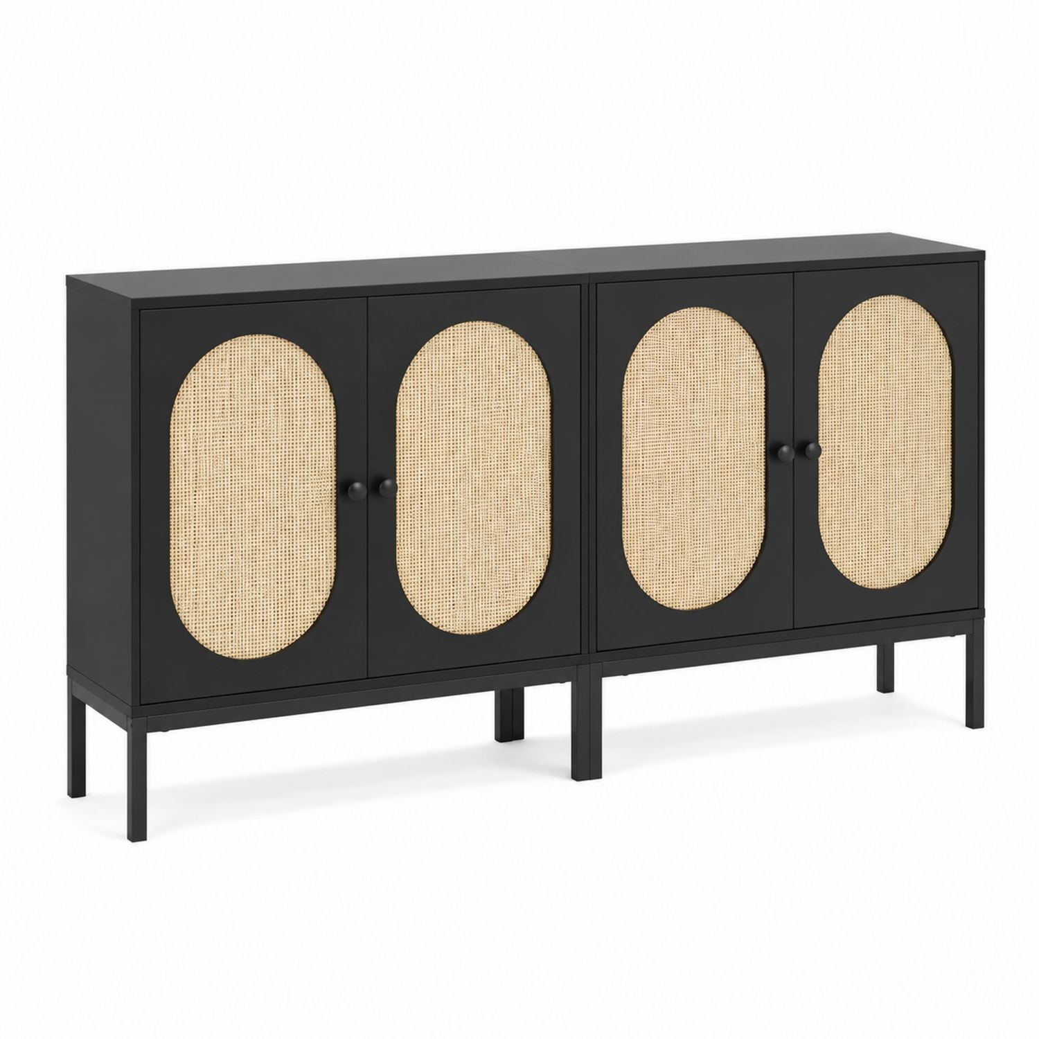 Aparador Negro con Paneles de Rattan 160x40x80 cm