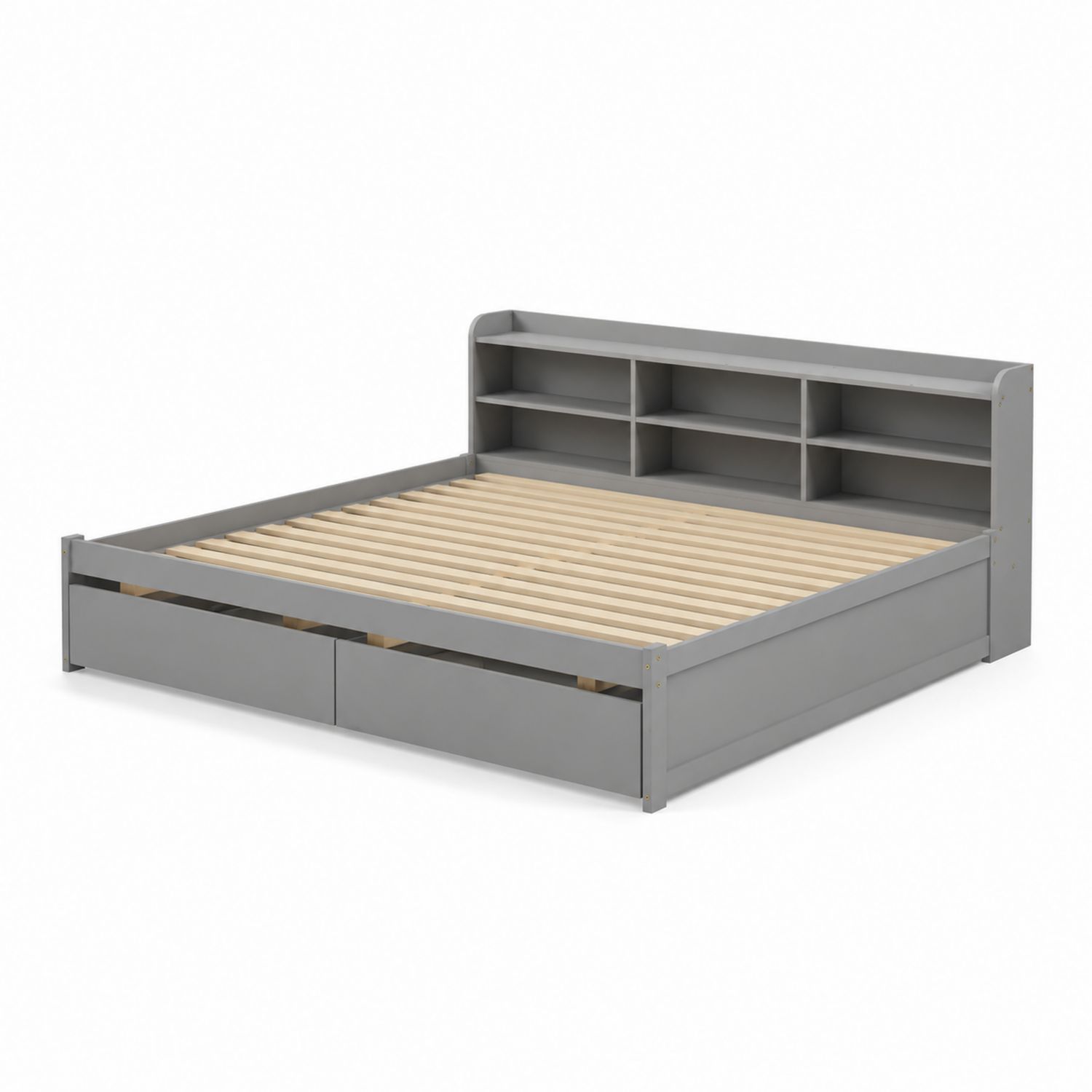 Cama doble de madera gris con estantería y almacenamiento 200x160 cm