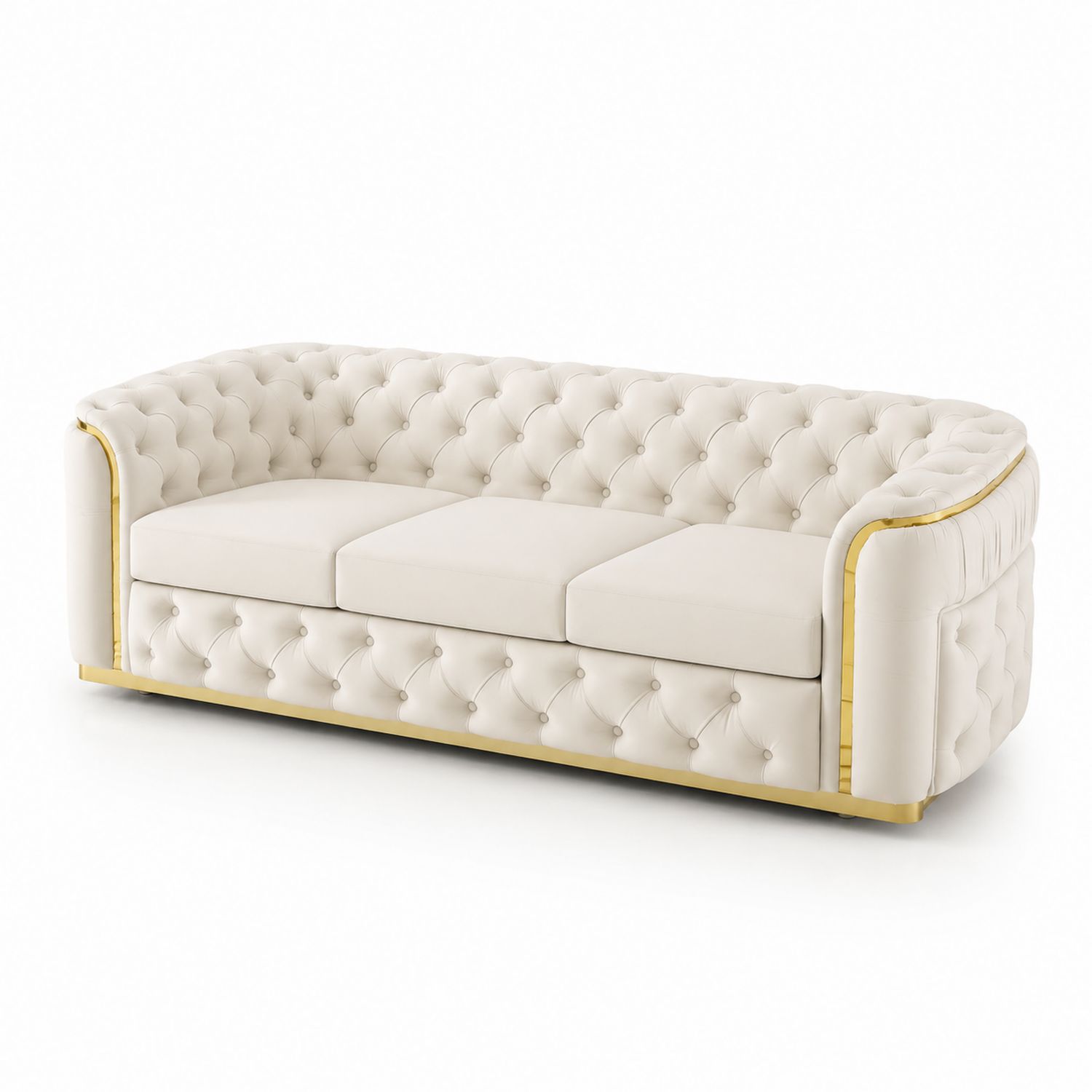 Sofá Chesterfield de Tres Plazas Beige con Detalles Dorados