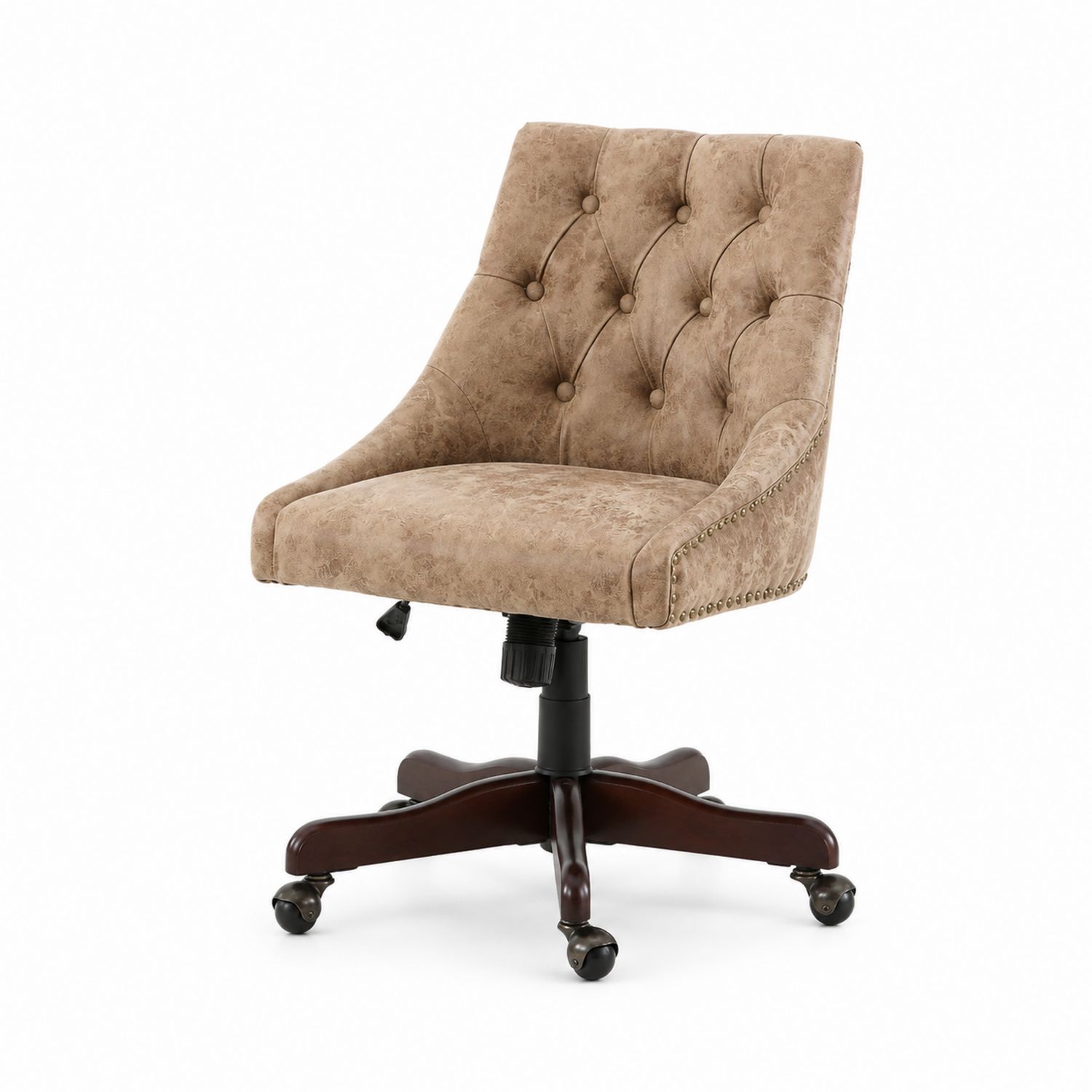Silla de oficina ajustable de microfibra con base de madera y ruedas marrones