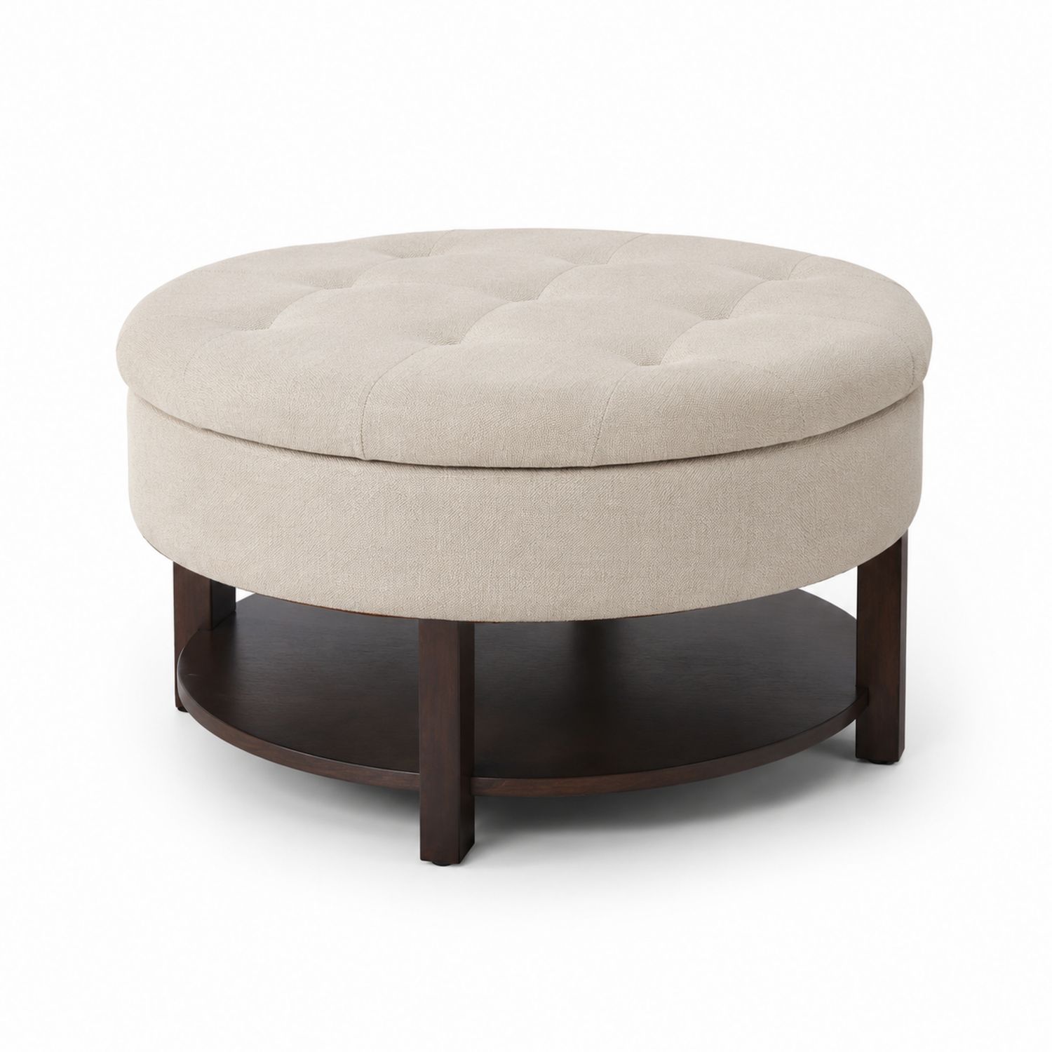 Puf redondo de tela poliéster beige con estante de madera