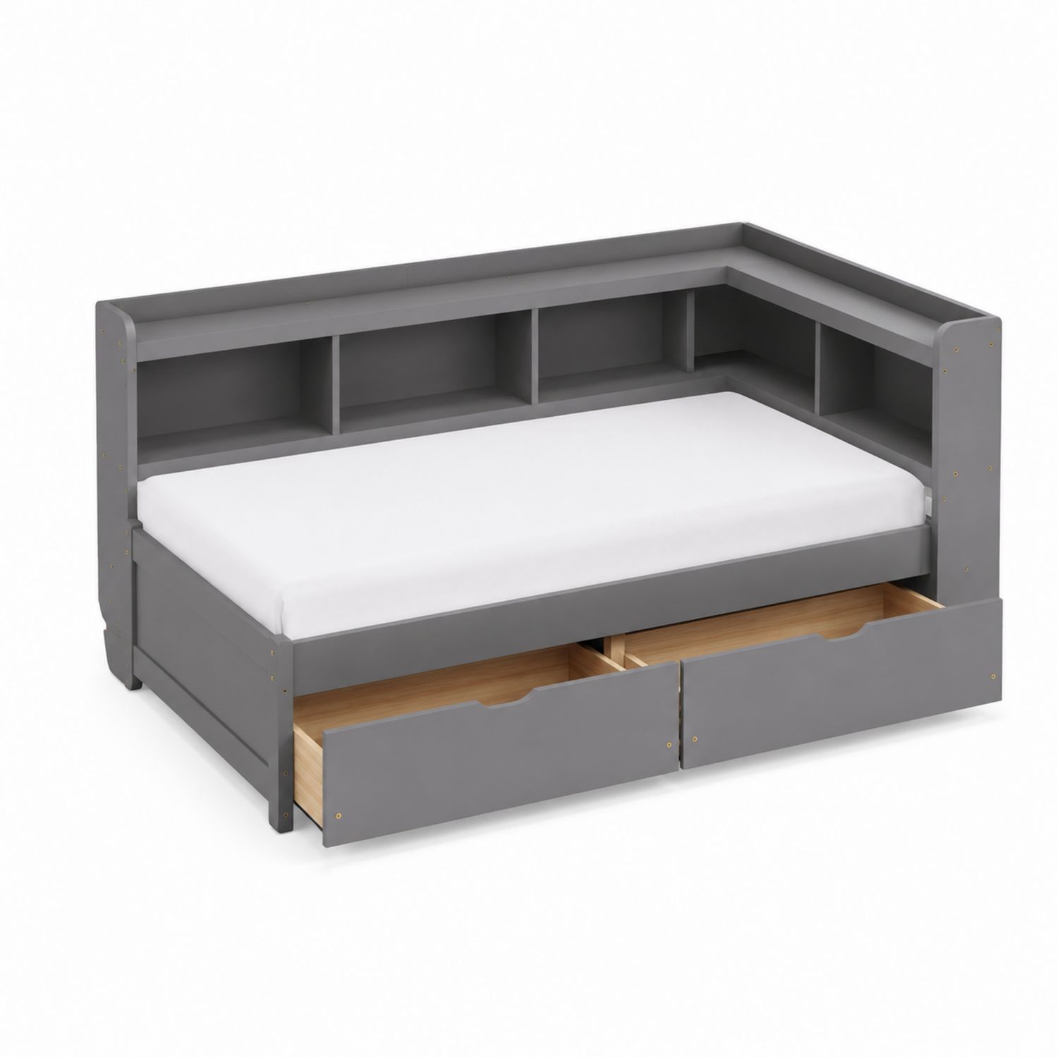 Cama de madera con cajones y estanterías integradas gris 200x90 cm