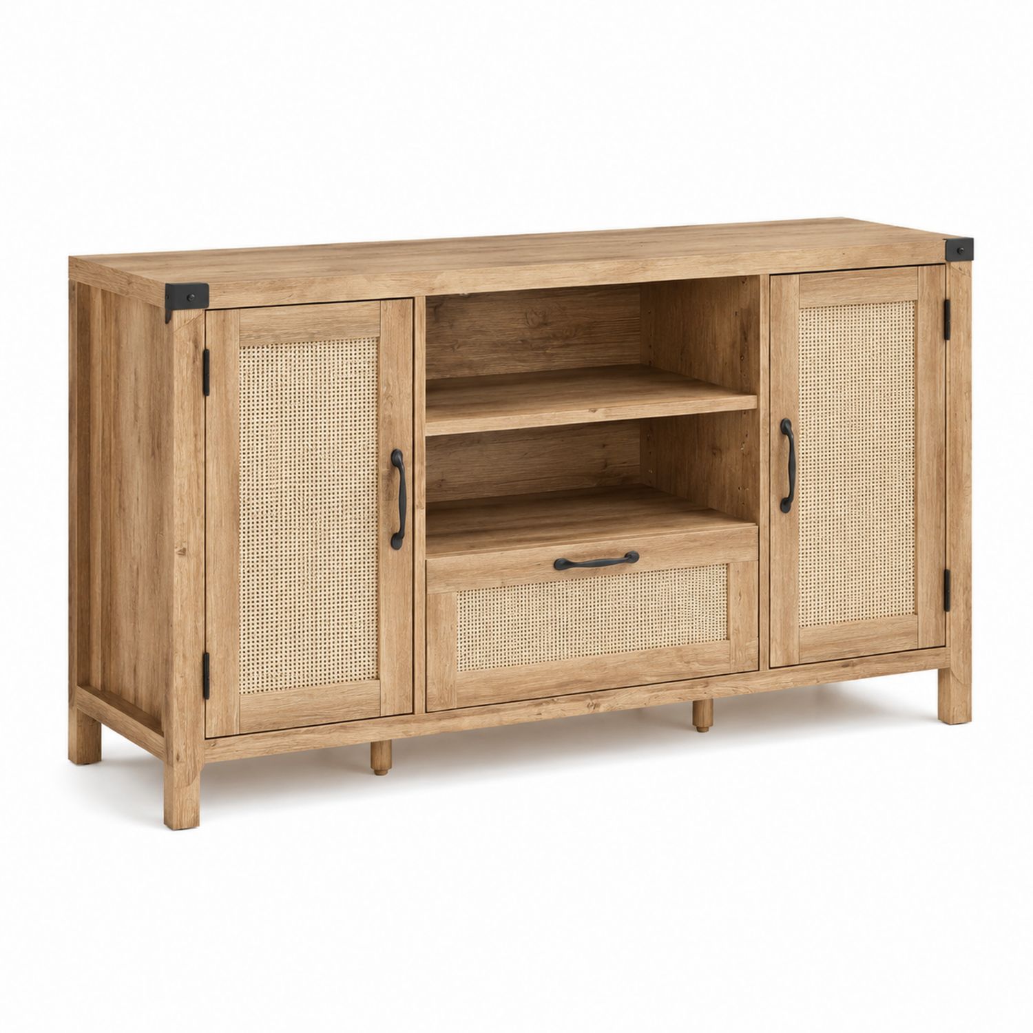 Aparador de Madera de Roble con Paneles de Ratán y Cajón