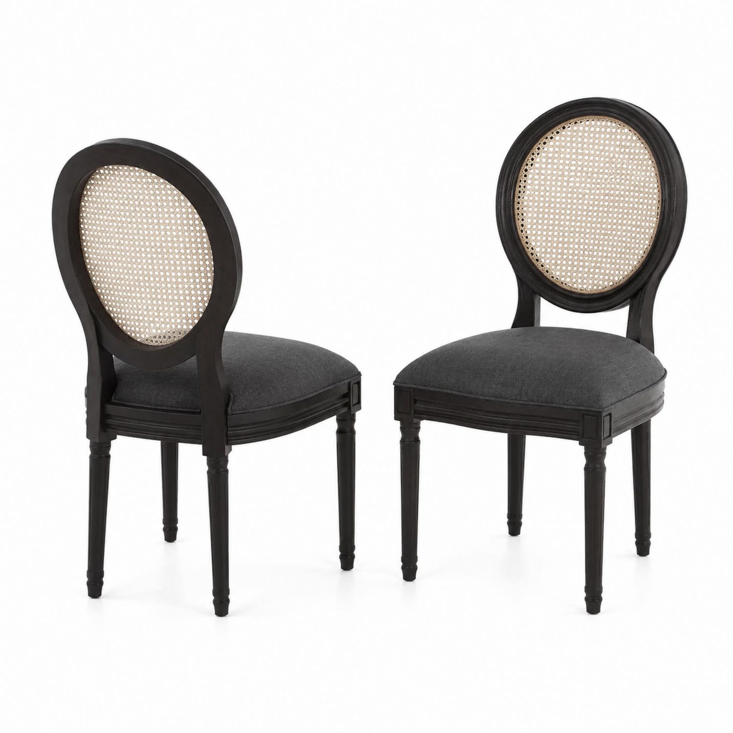 Juego de 2 sillas de madera con respaldo de rejilla y cojín de tela Negro/Beige