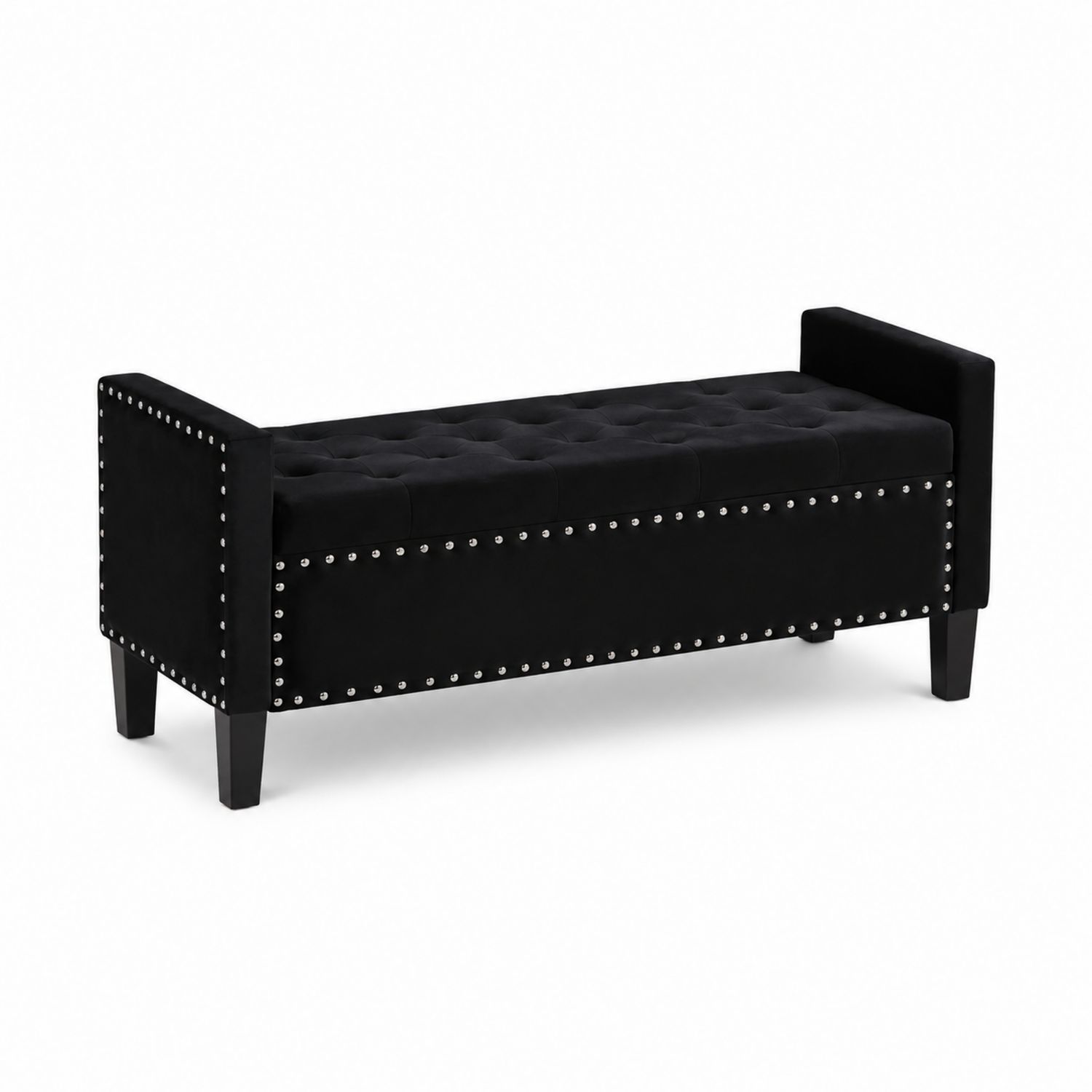 Banco de Terciopelo Negro con Tachuelas, 120x40x45 cm