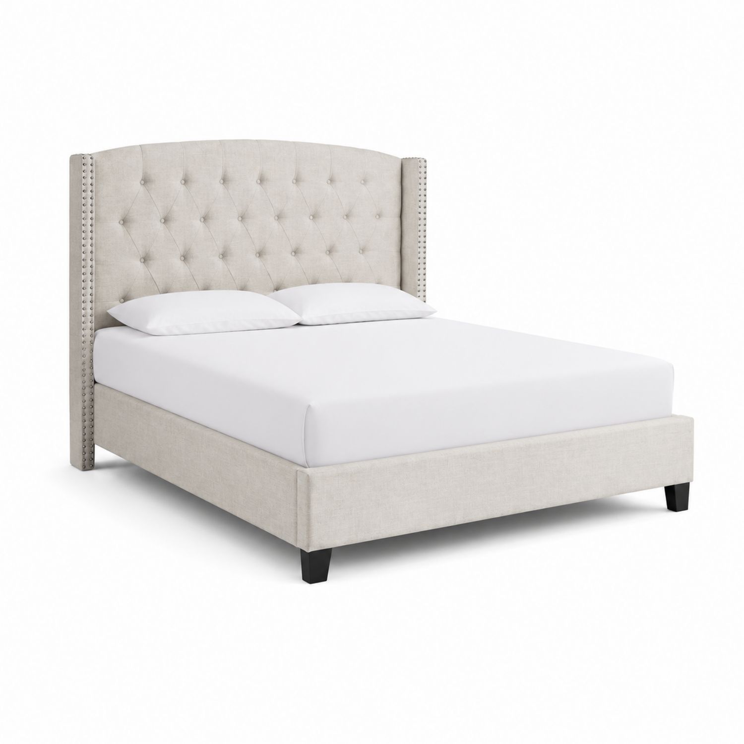 Cama tapizada con cabecero de lino beige 150x200 cm