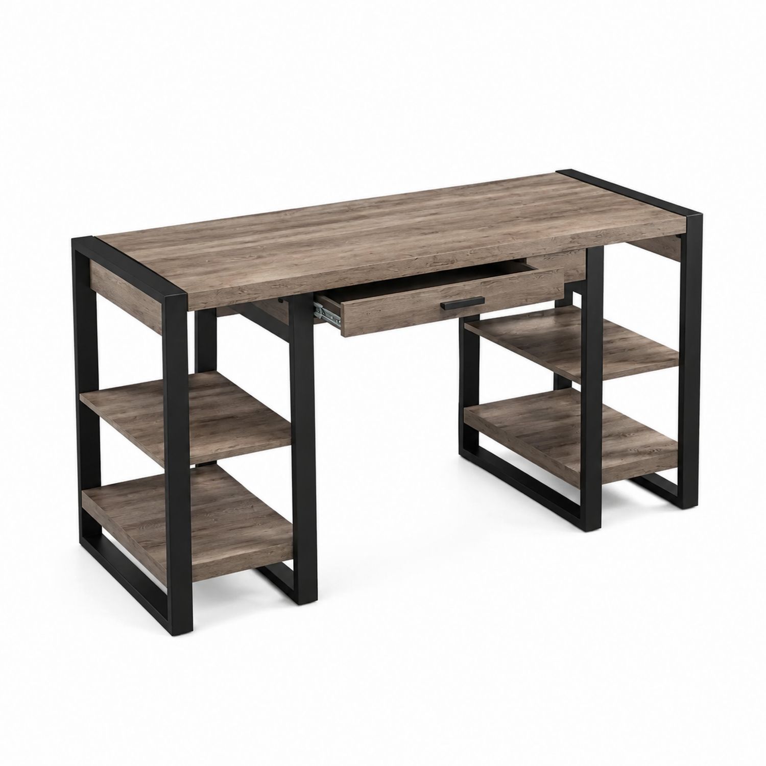 Escritorio de MDF y Metal con Cajón y Estantes Marrón/Negro 120x60x75 cm