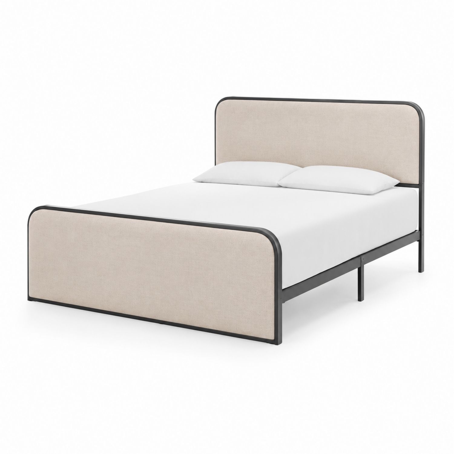 Cama doble con estructura de metal y cabecero tapizado en beige