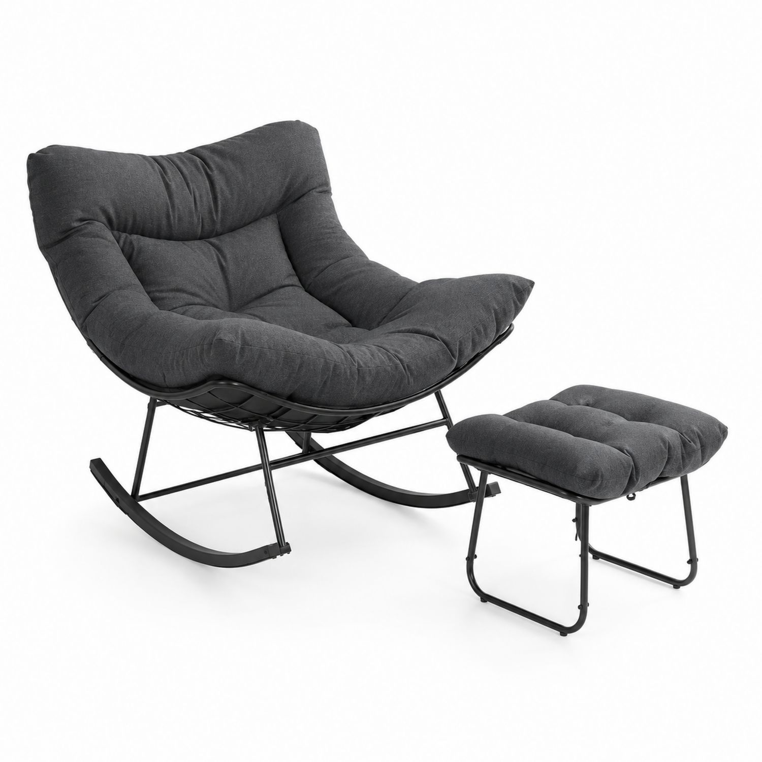 Silla mecedora de acero con cojines de tela gris oscuro