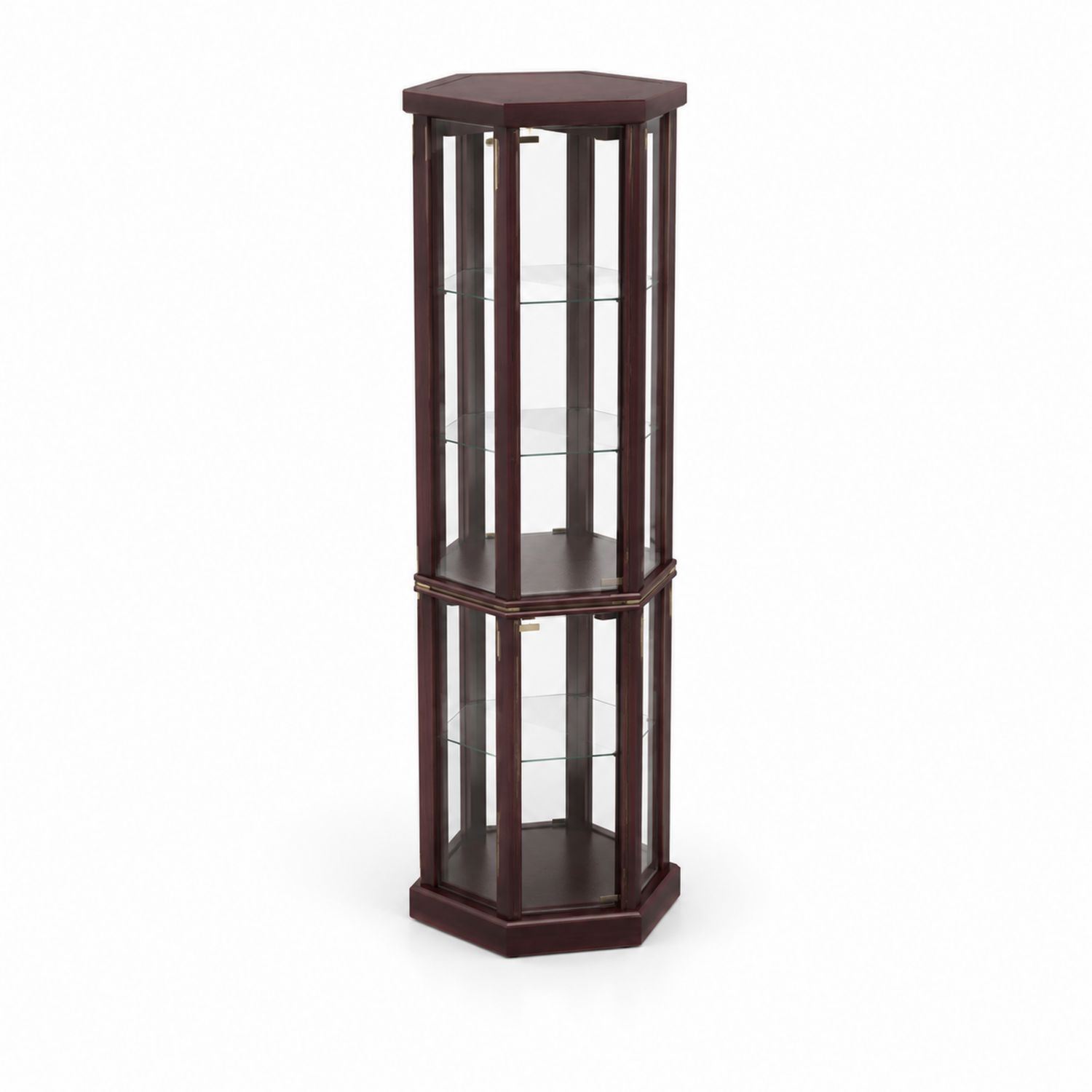 Vitrina hexagonal de madera y vidrio con 4 estantes de 180 cm de alto