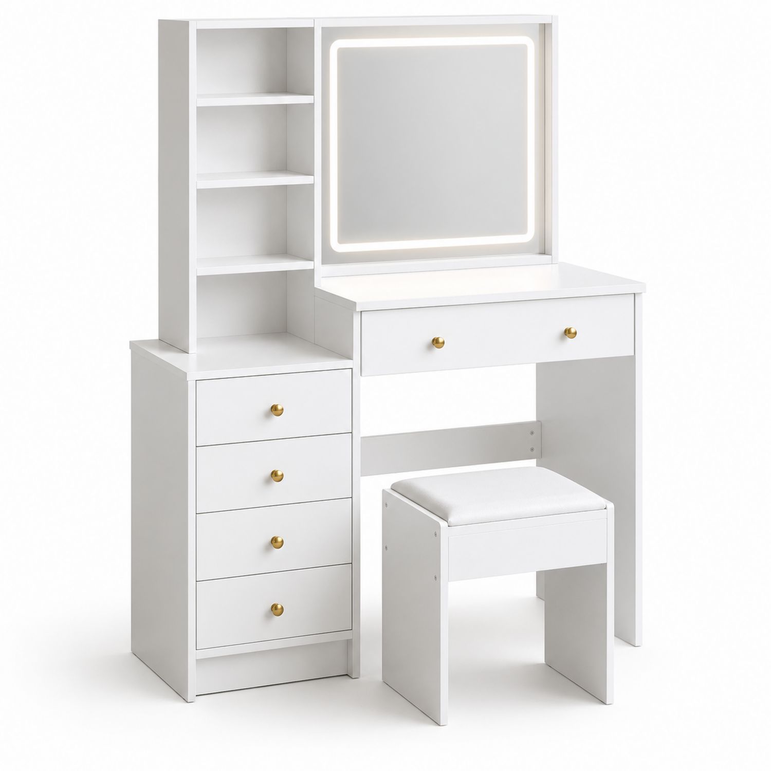 Tocador de Madera Blanca con Espejo LED y Almacenamiento