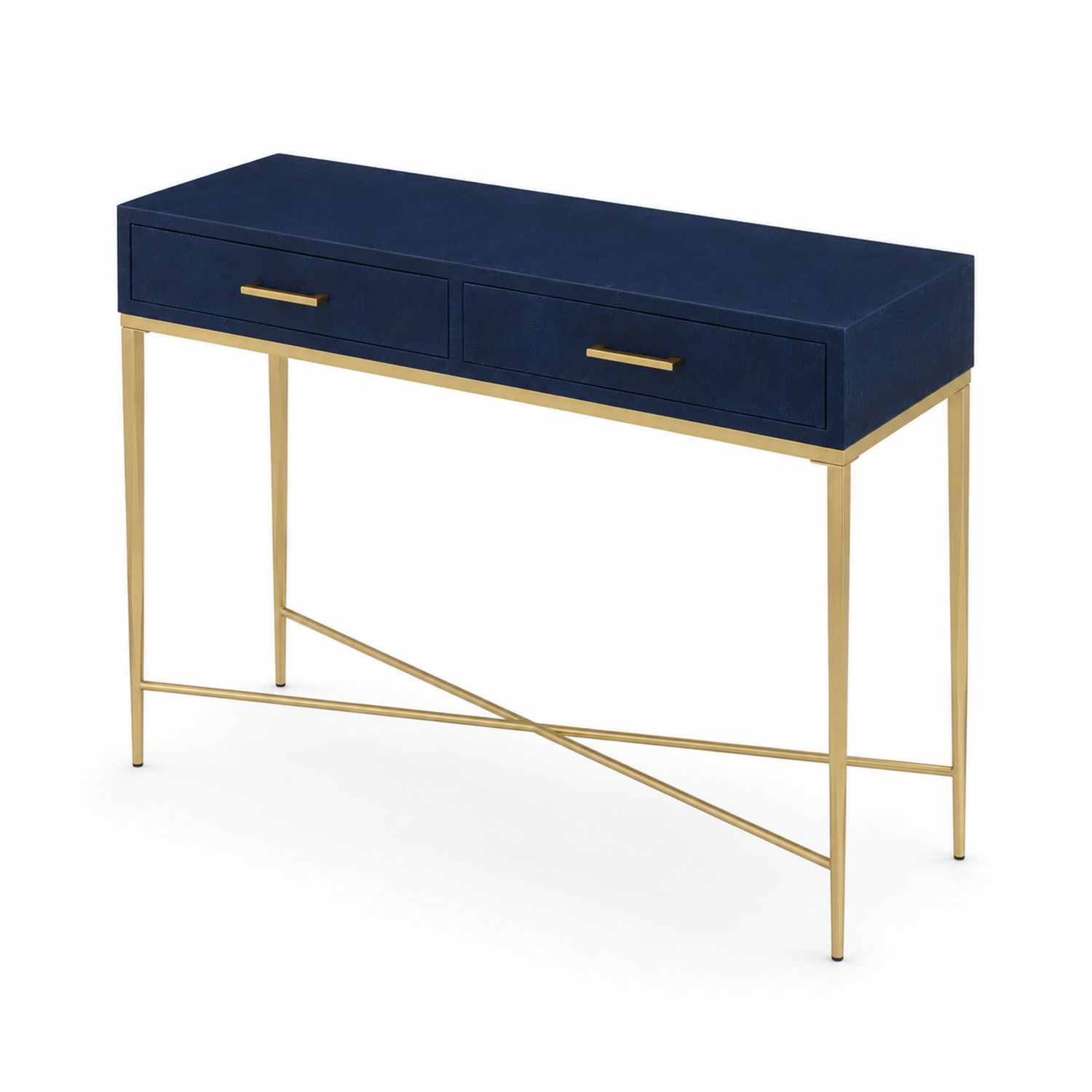 Consola con cajones azul y patas de metal dorado