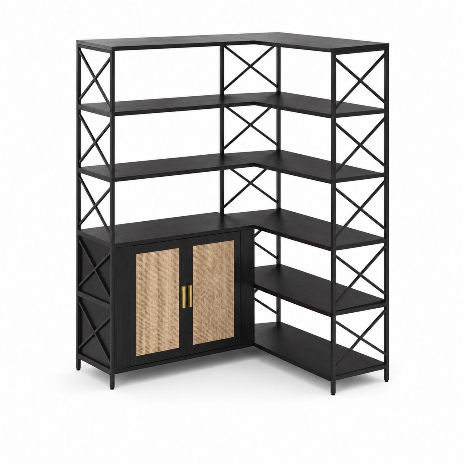 Estantería Esquinera de Metal Negro con Puertas de Ratán