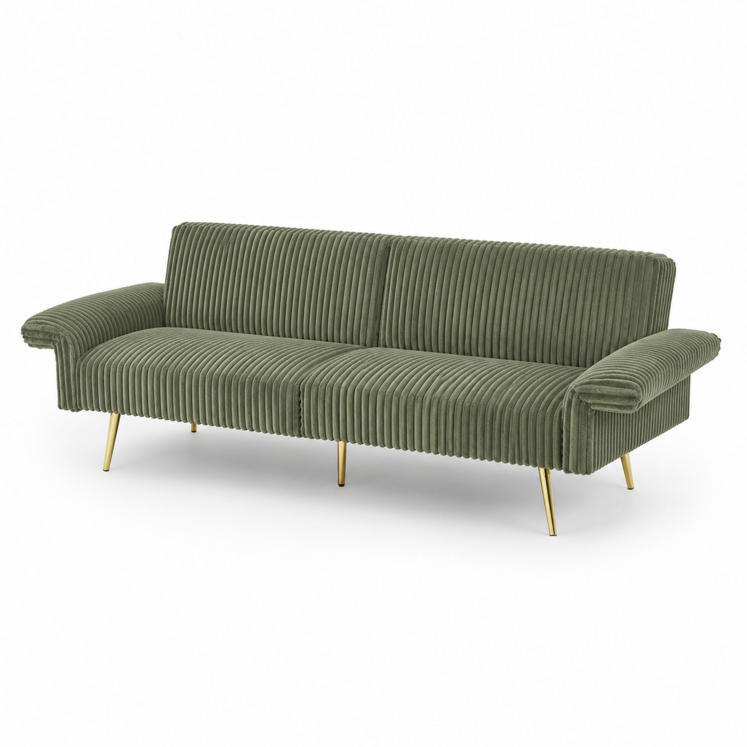Sofá de 3 plazas de pana verde con patas de metal dorado 220x85x75 cm