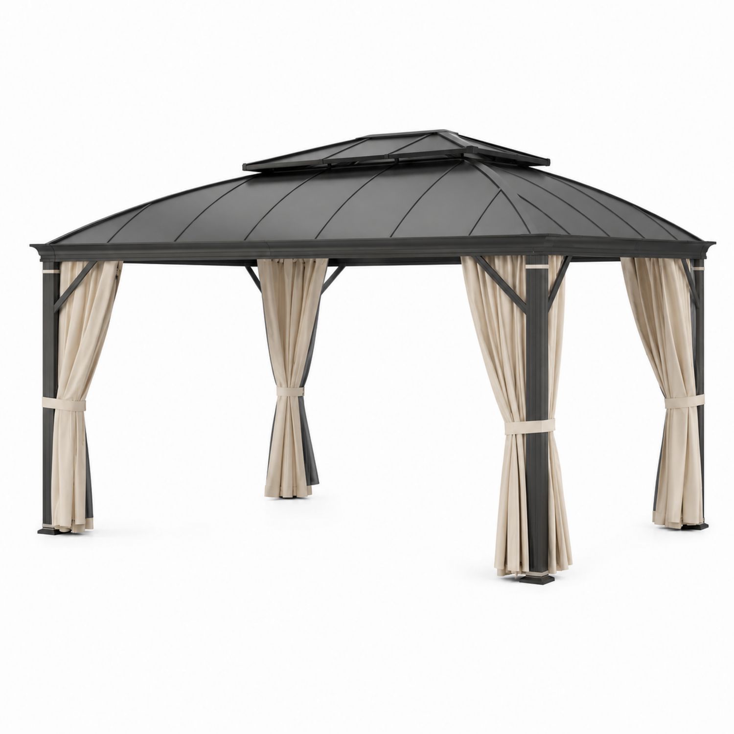 Pérgola de Metal con Techo de Policarbonato y Cortinas de Poliéster