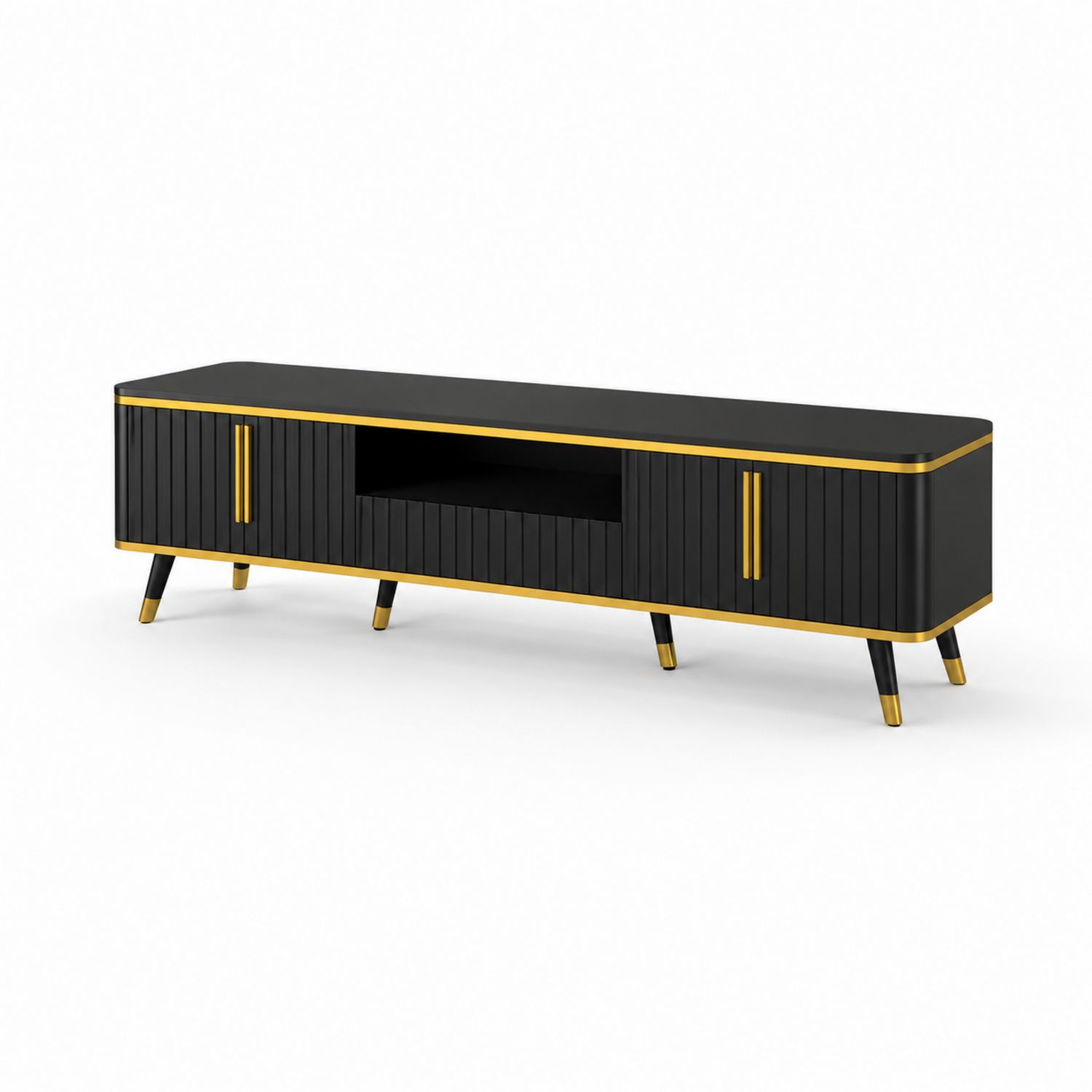 Mueble para TV de MDF y Metal Negro con Detalles Dorados 150x40x45 cm