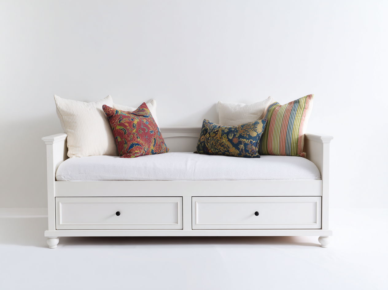 Divano letto - legno-tessuto-metallo - 190x84x78 cm - bianco - stile moderno con cassetti-Ralenydwell