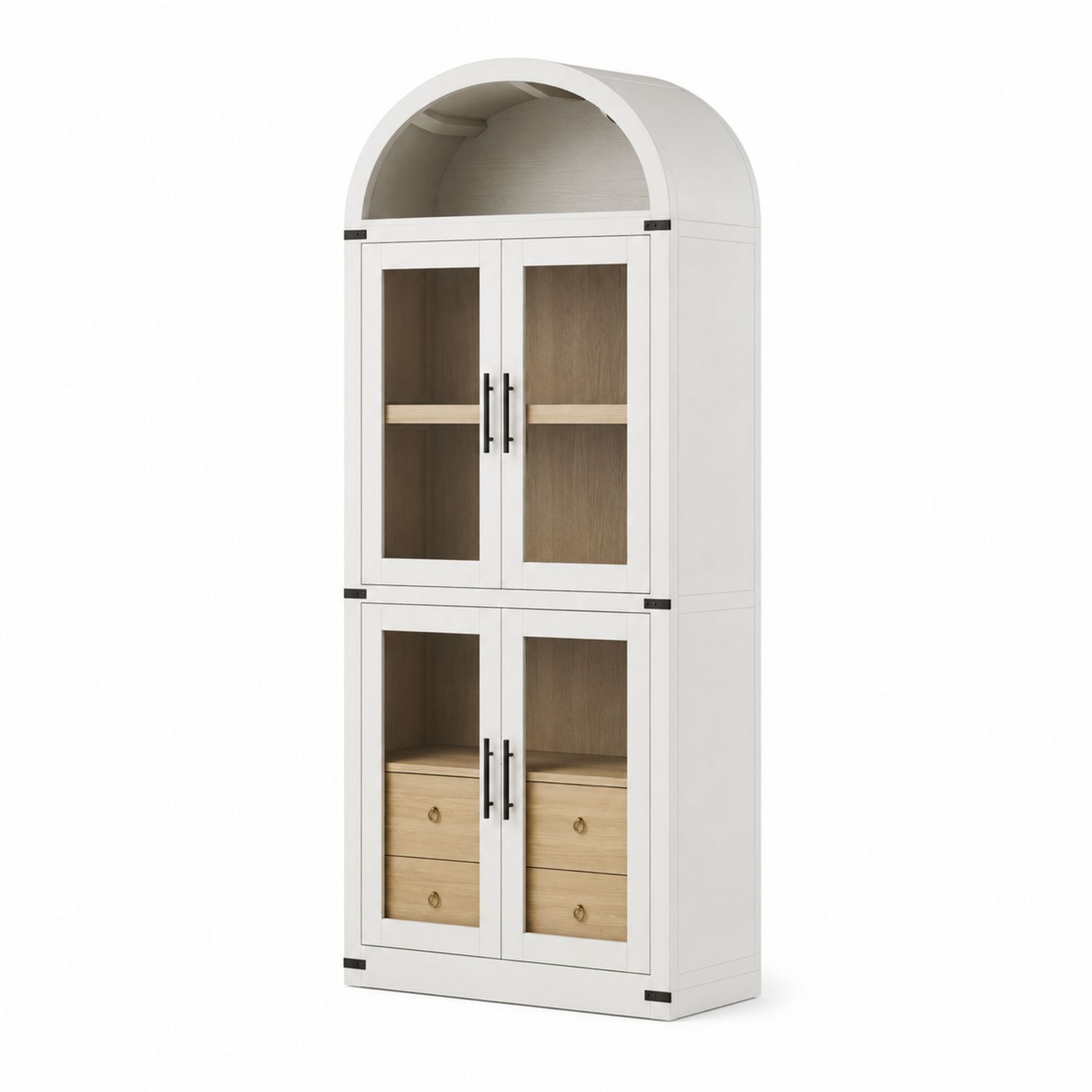 Bibliothèque avec arc et portes en verre trempé, blanc et chêne-