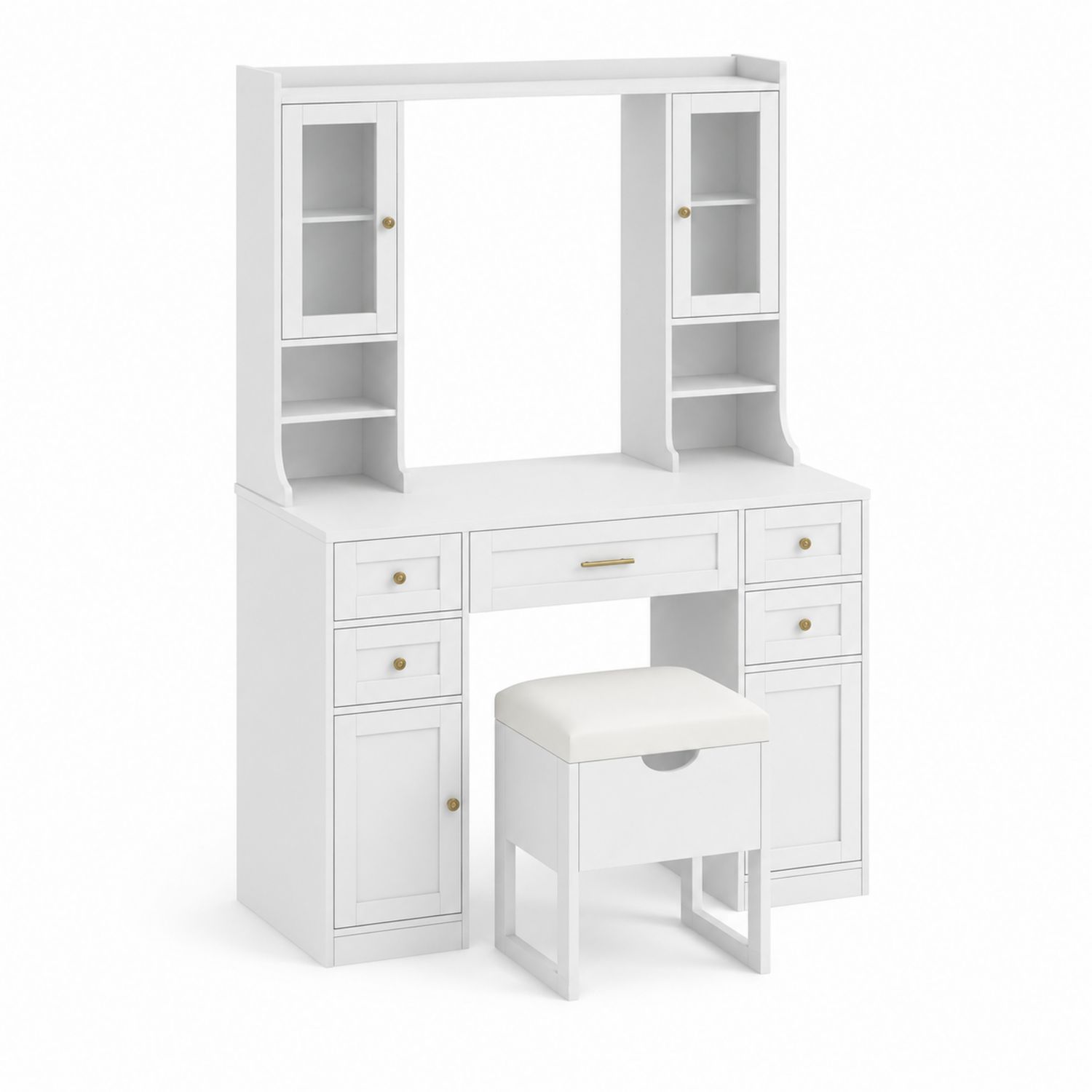 Coiffeuse en Bois avec Tabouret en Similicuir Blanc-