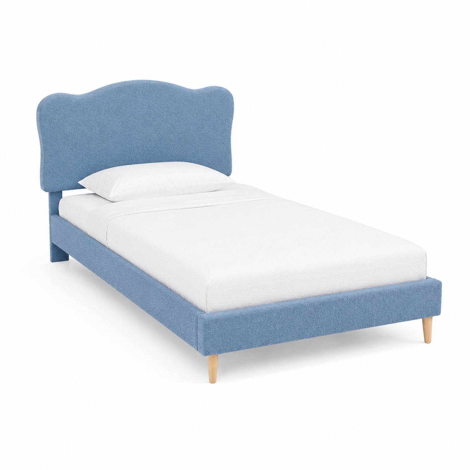 Lit Simple en Tissu Bleu avec Pieds en Bois-