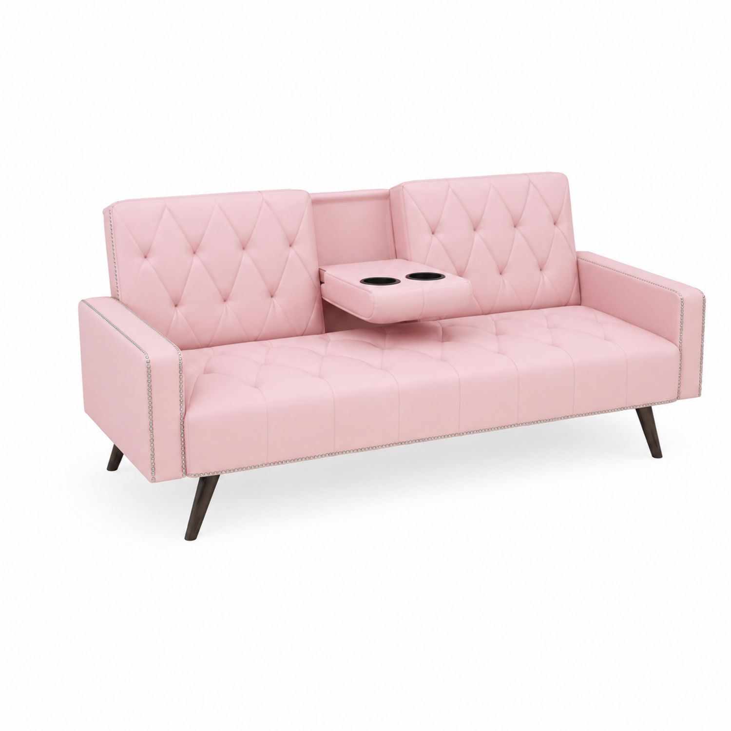 Canapé 3 places en cuir synthétique rose avec porte-gobelets-