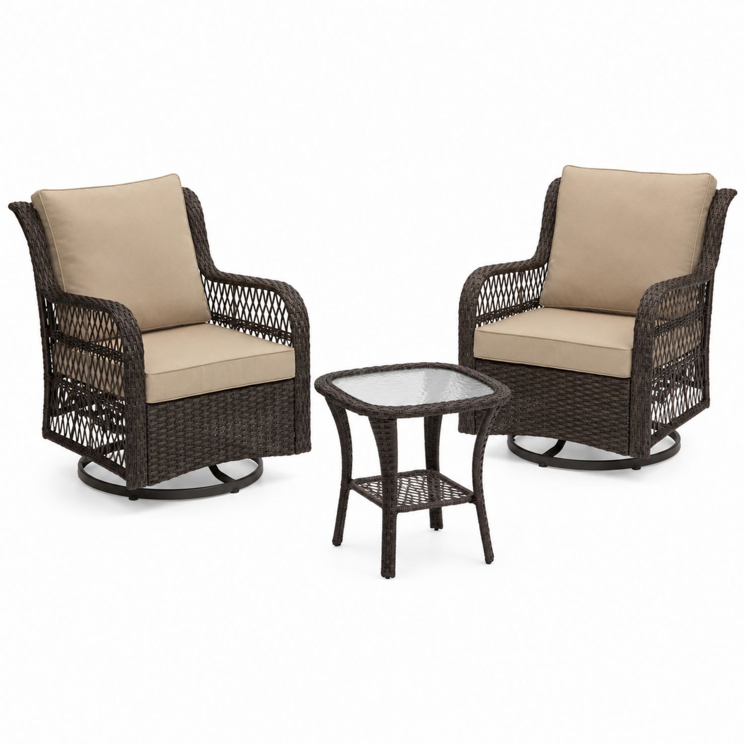 Ensemble de fauteuils pivotants en résine tressée avec table en verre trempé-