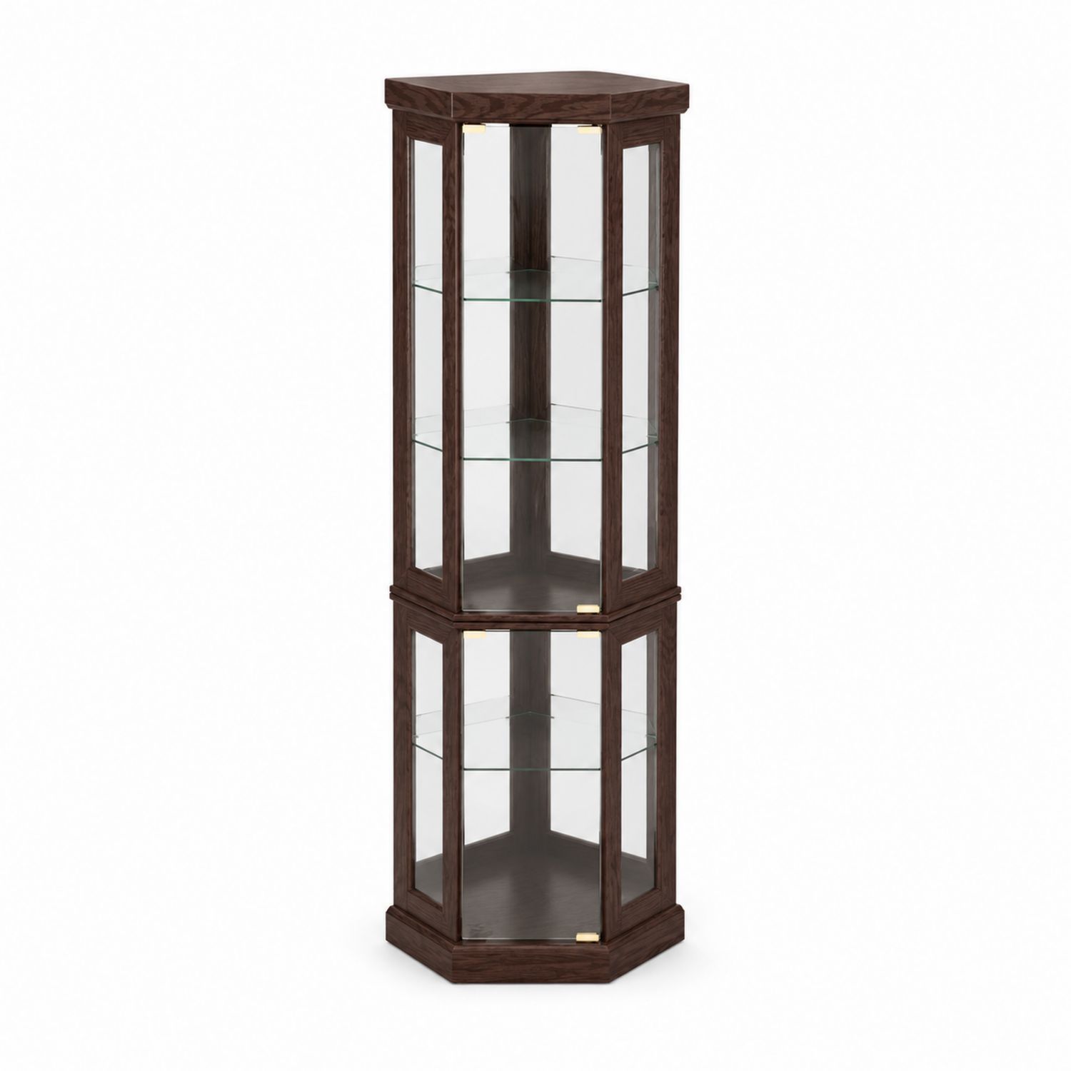 Vitrine d'angle en bois avec étagères en verre-