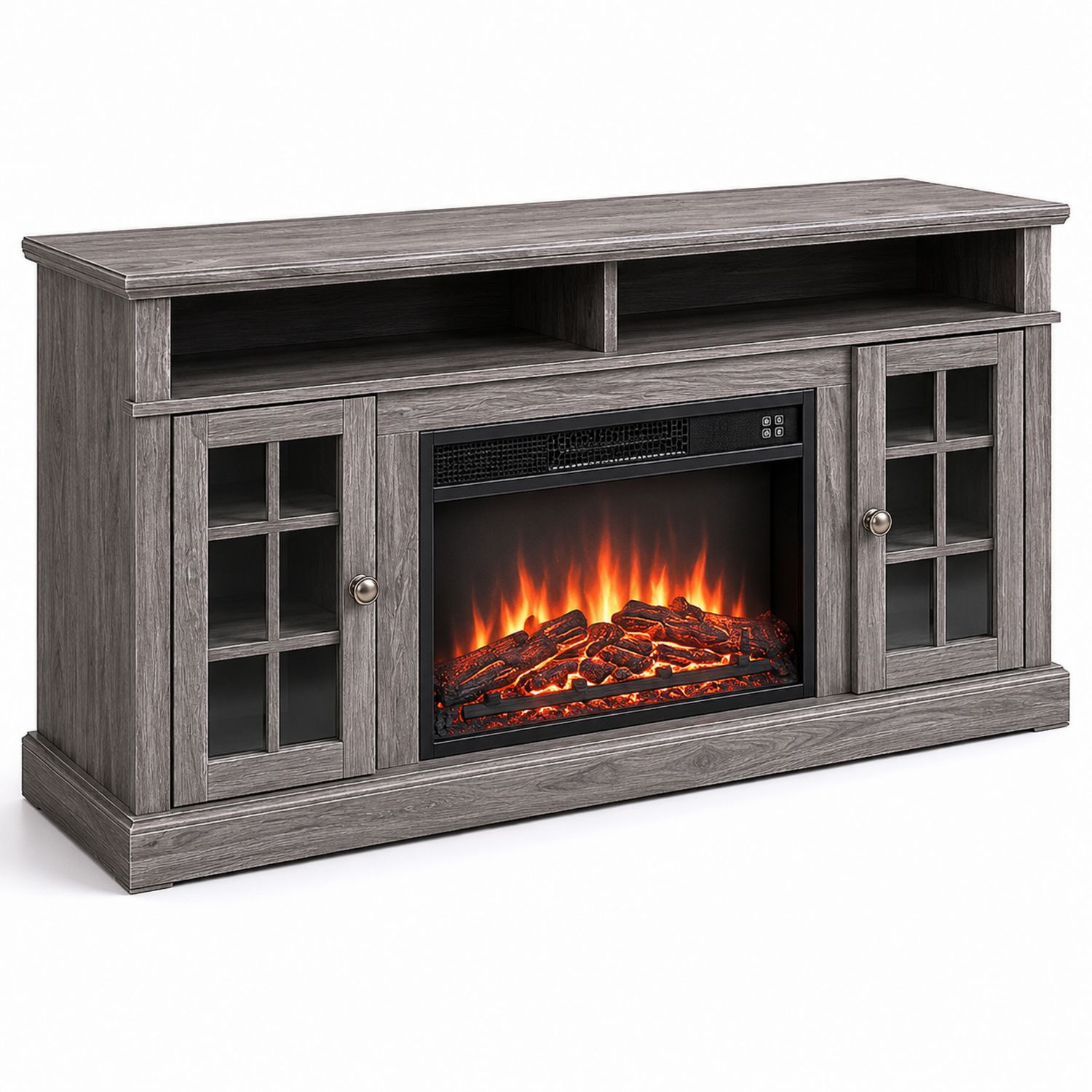 Meuble TV avec Cheminée Électrique en Bois et Verre Gris-