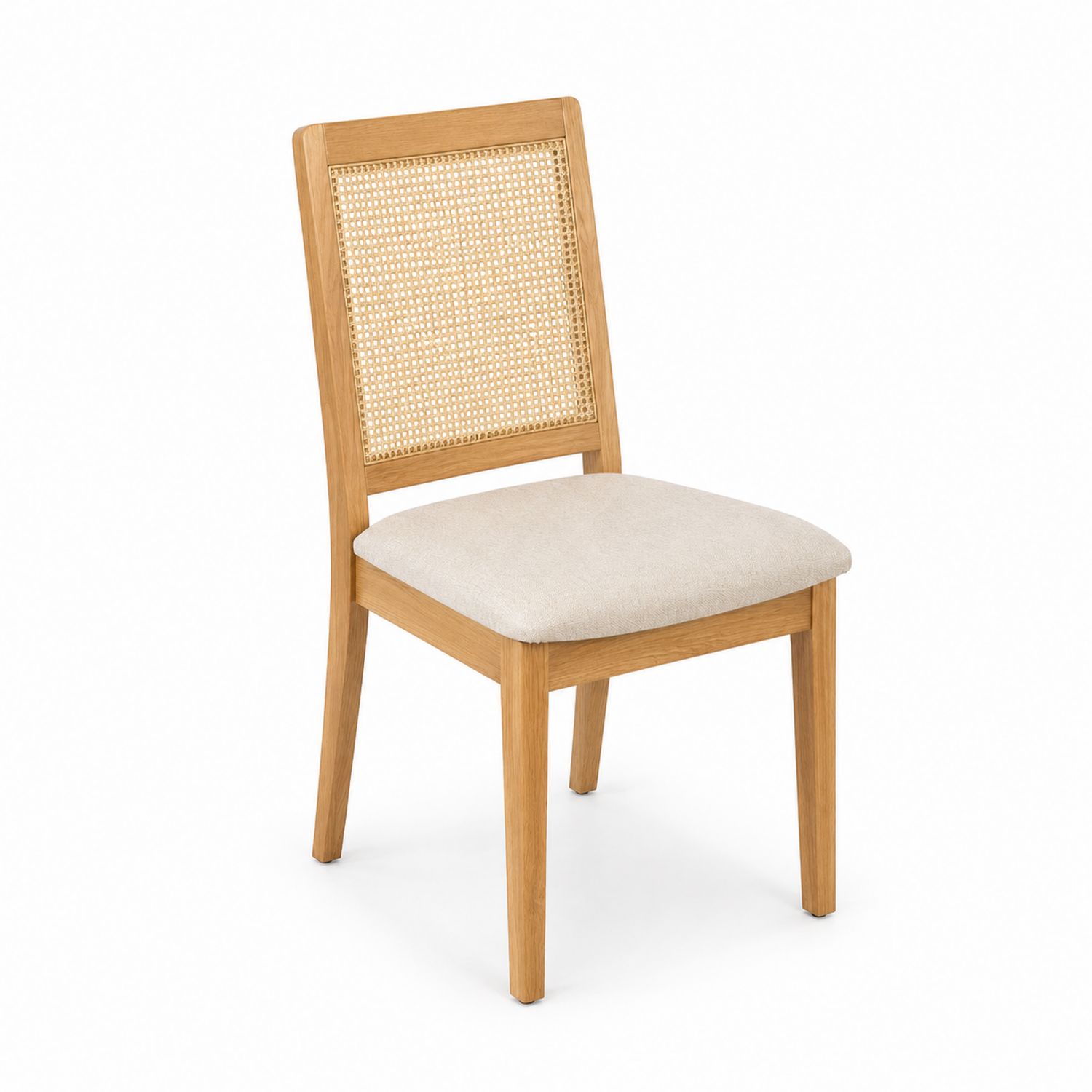 Chaise en bois de chêne avec dossier en rotin et assise en tissu beige-