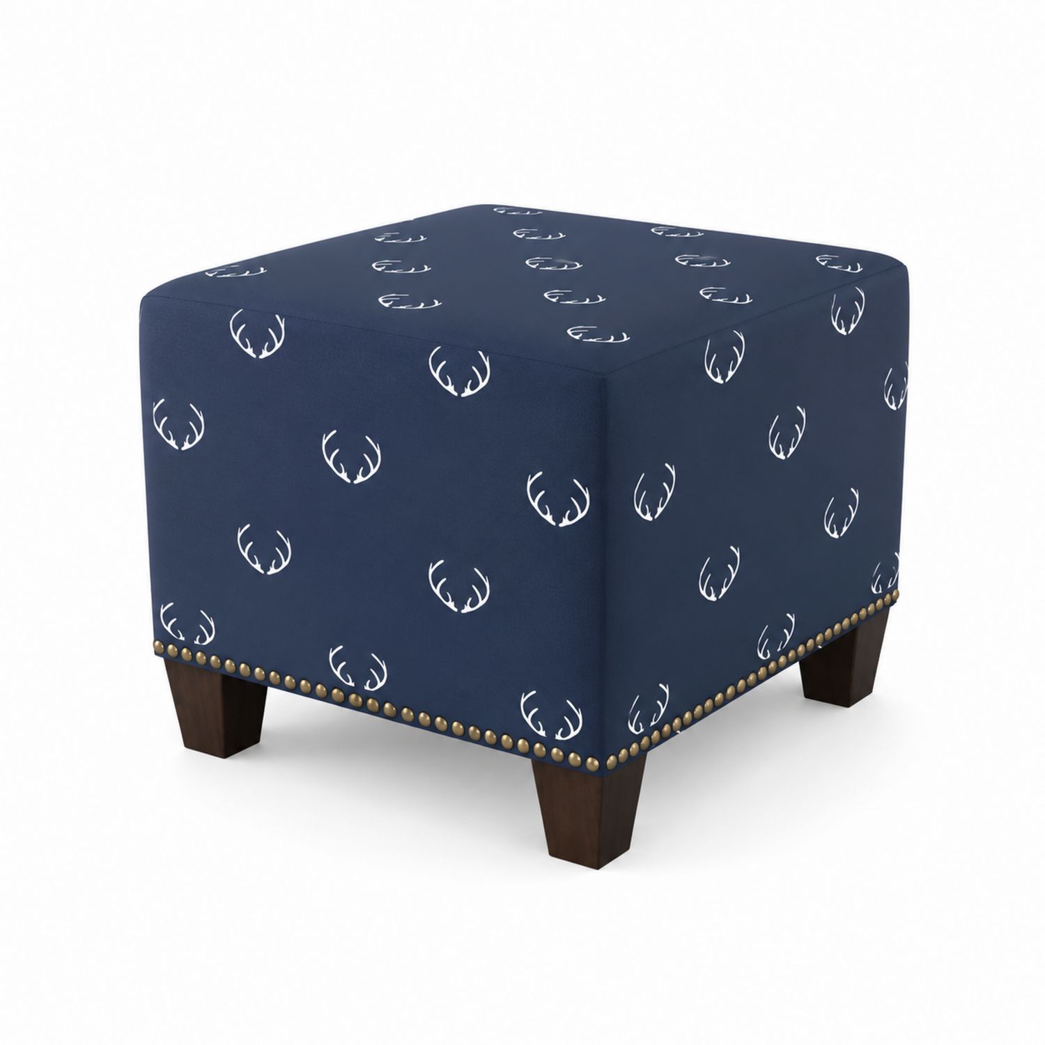 Tabouret ottoman en bois et tissu bleu à motifs-