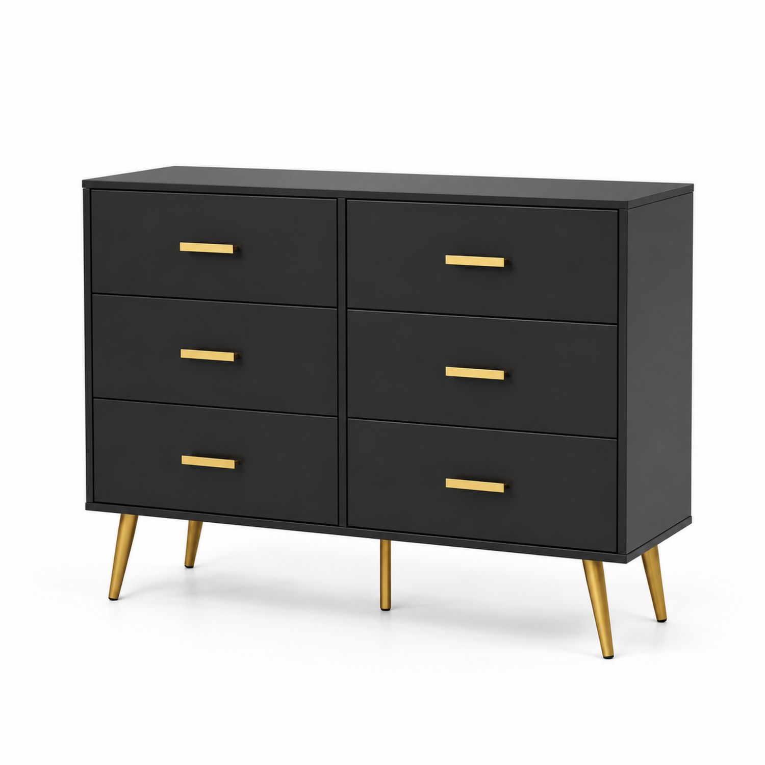 Commode 6 tiroirs en bois noir avec poignées et pieds dorés-