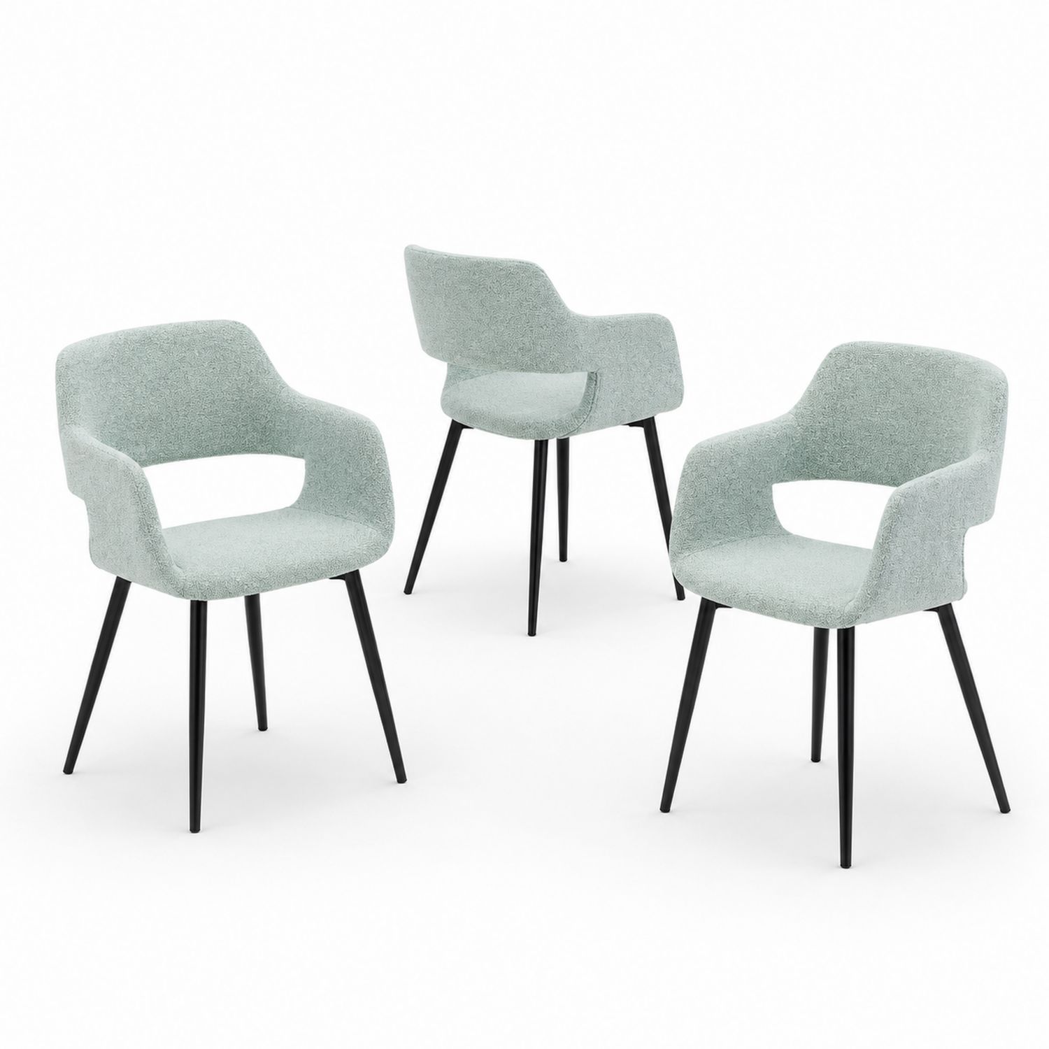 Lot de 3 chaises en tissu polyester avec pieds en métal noir, Vert clair-