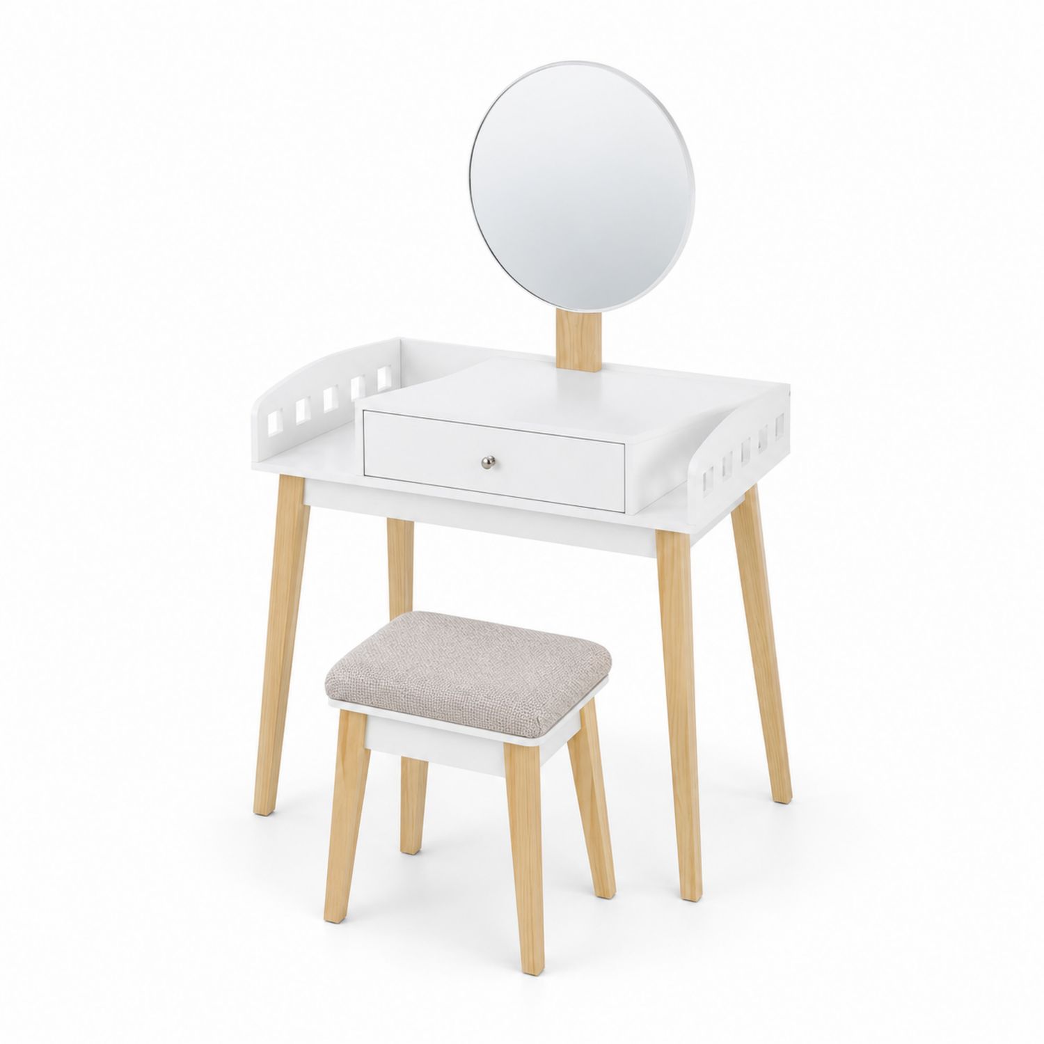 Coiffeuse avec Miroir Rond et Tabouret en Bois Blanc et Naturel-