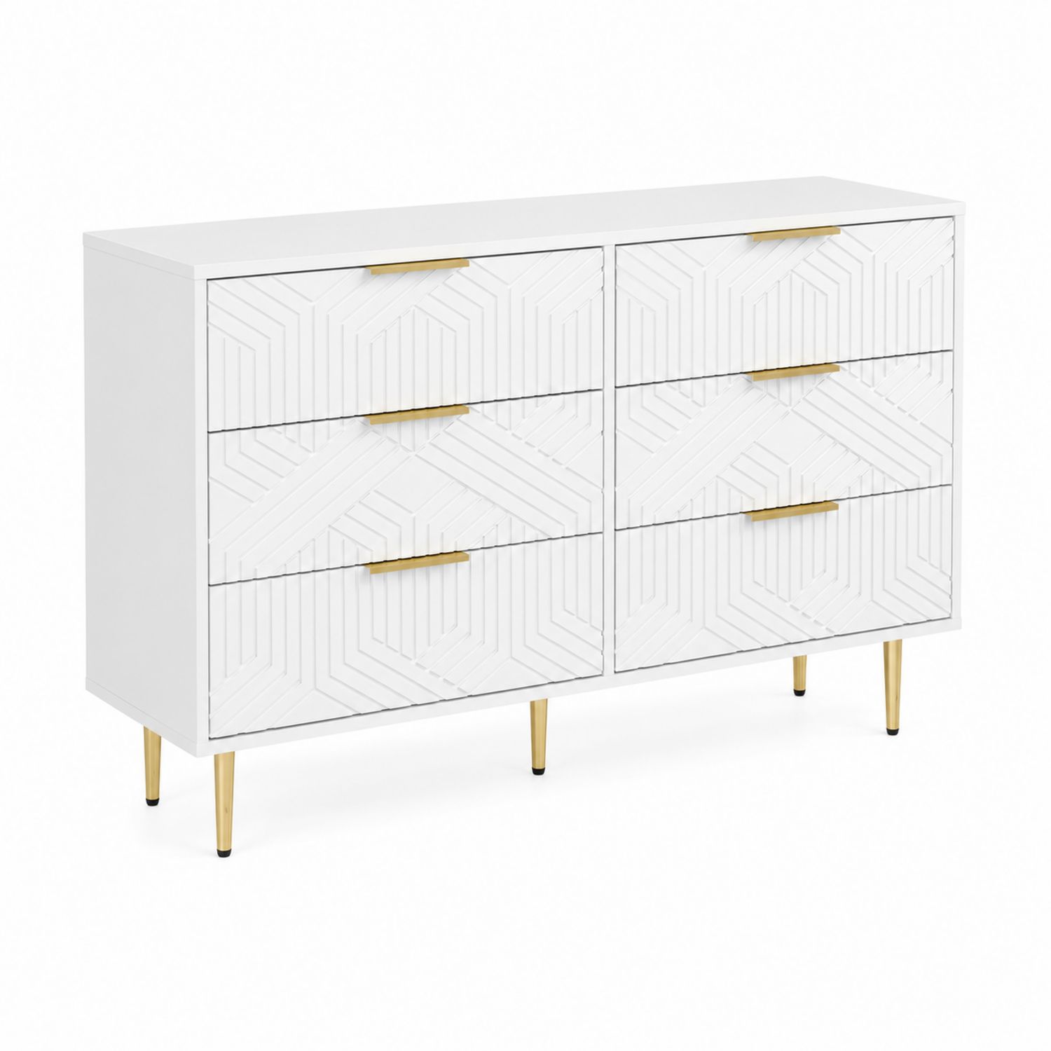 Commode blanche en MDF 6 tiroirs avec poignées dorées-