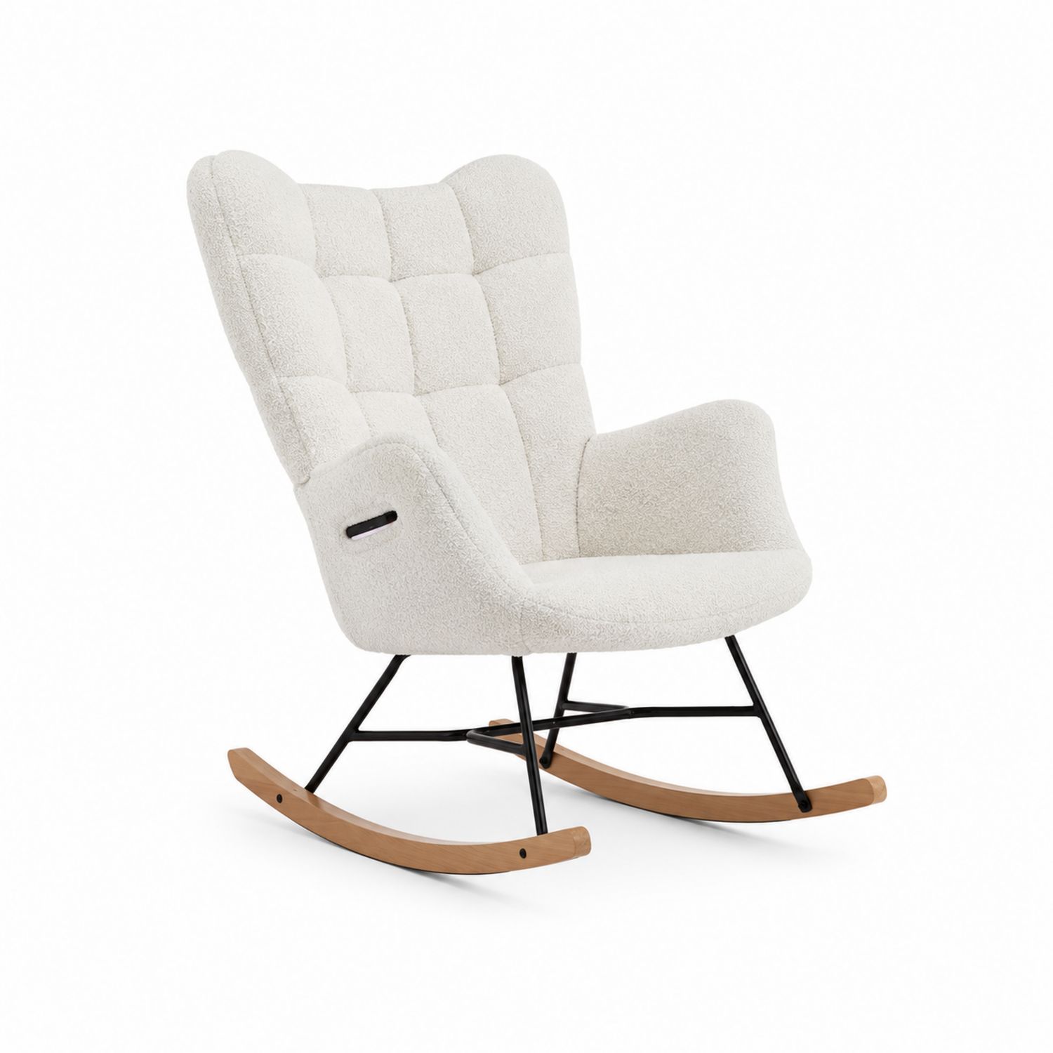 Fauteuil à bascule en tissu bouclé Blanc avec cadre en métal et patins en bois-