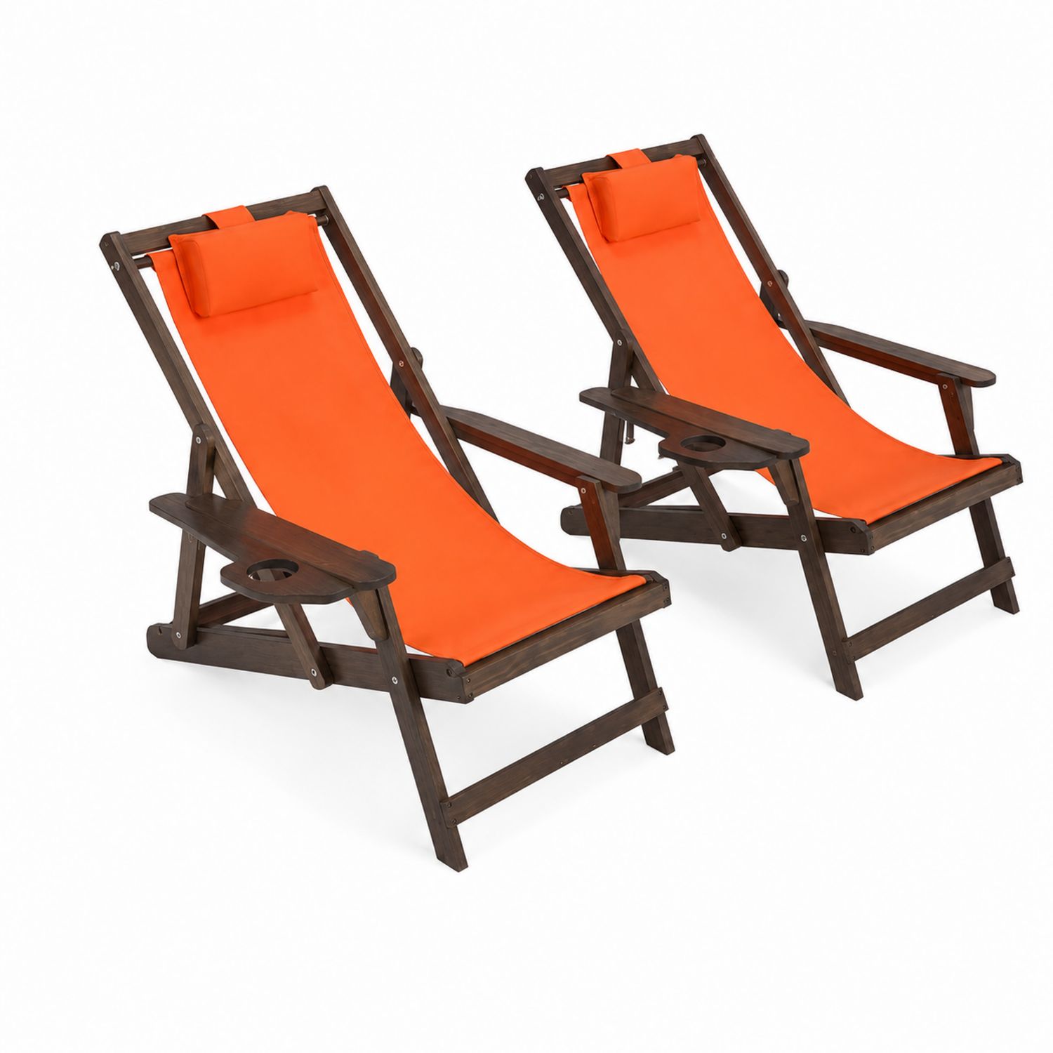Lot de 2 chaises longues pliantes en bois avec toile orange et porte-gobelets-